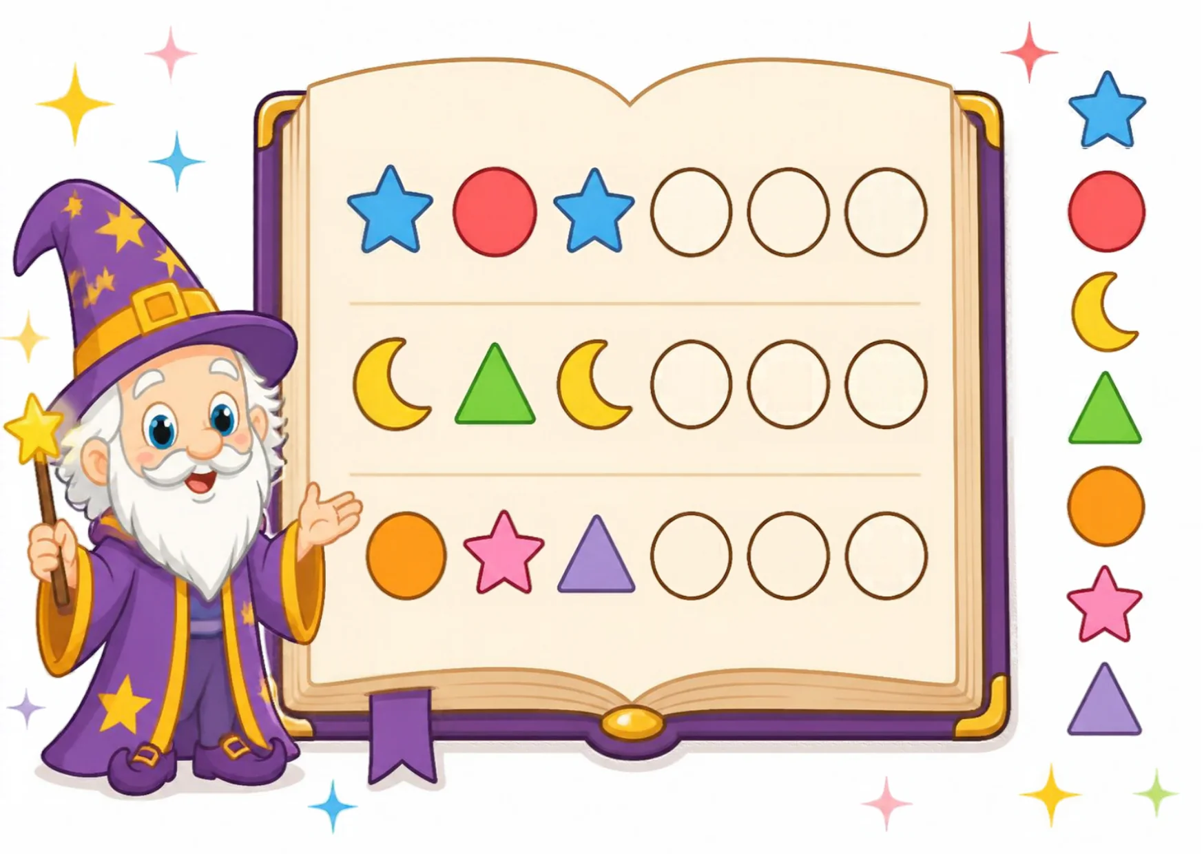 A friendly wizard with an open spellbook showing shape patterns to finish.