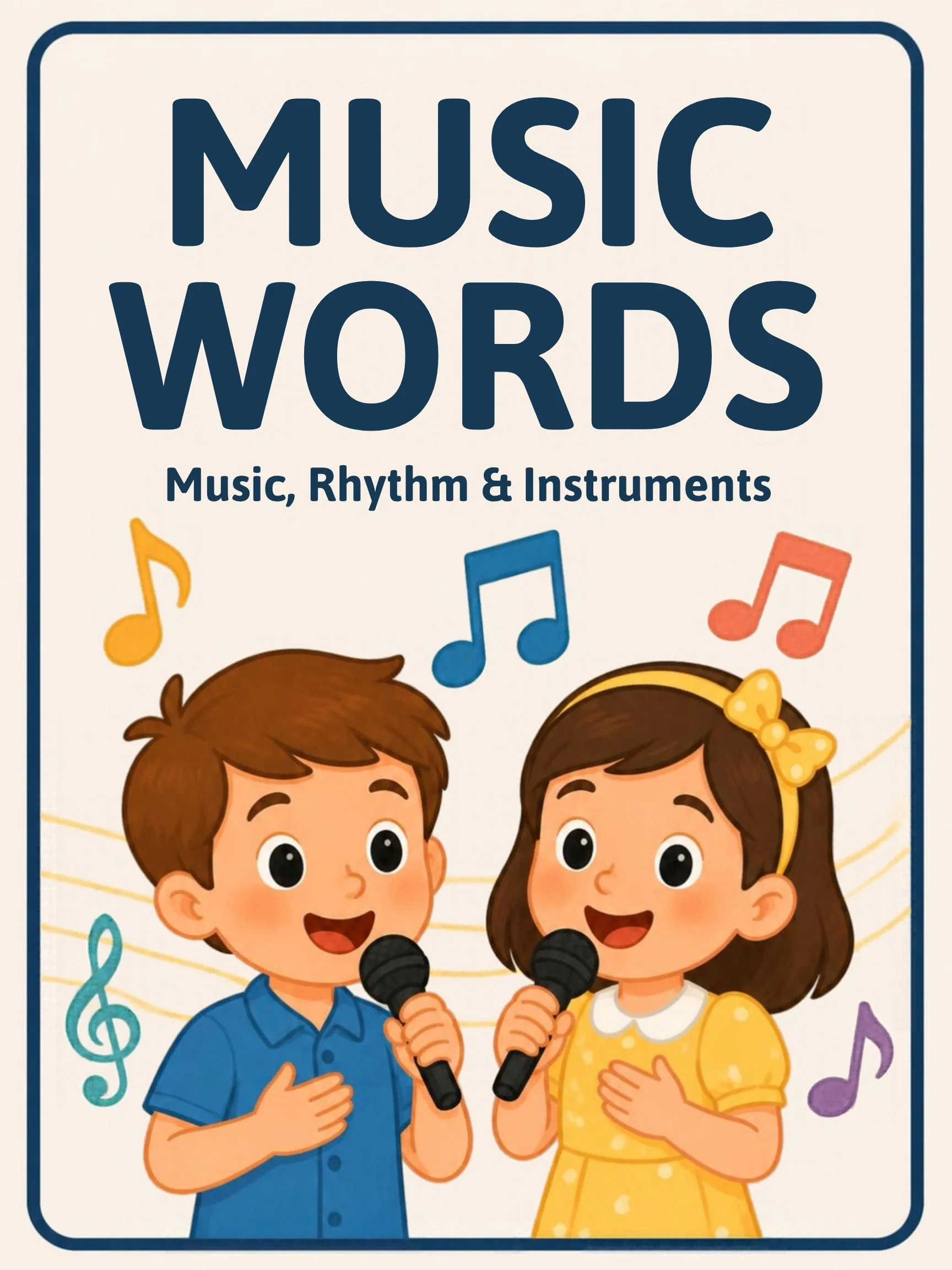 Cover of the Music Room flashcards set: the title "Music Words — Music, Rhythm & Instruments" over two smiling children singing into microphones.