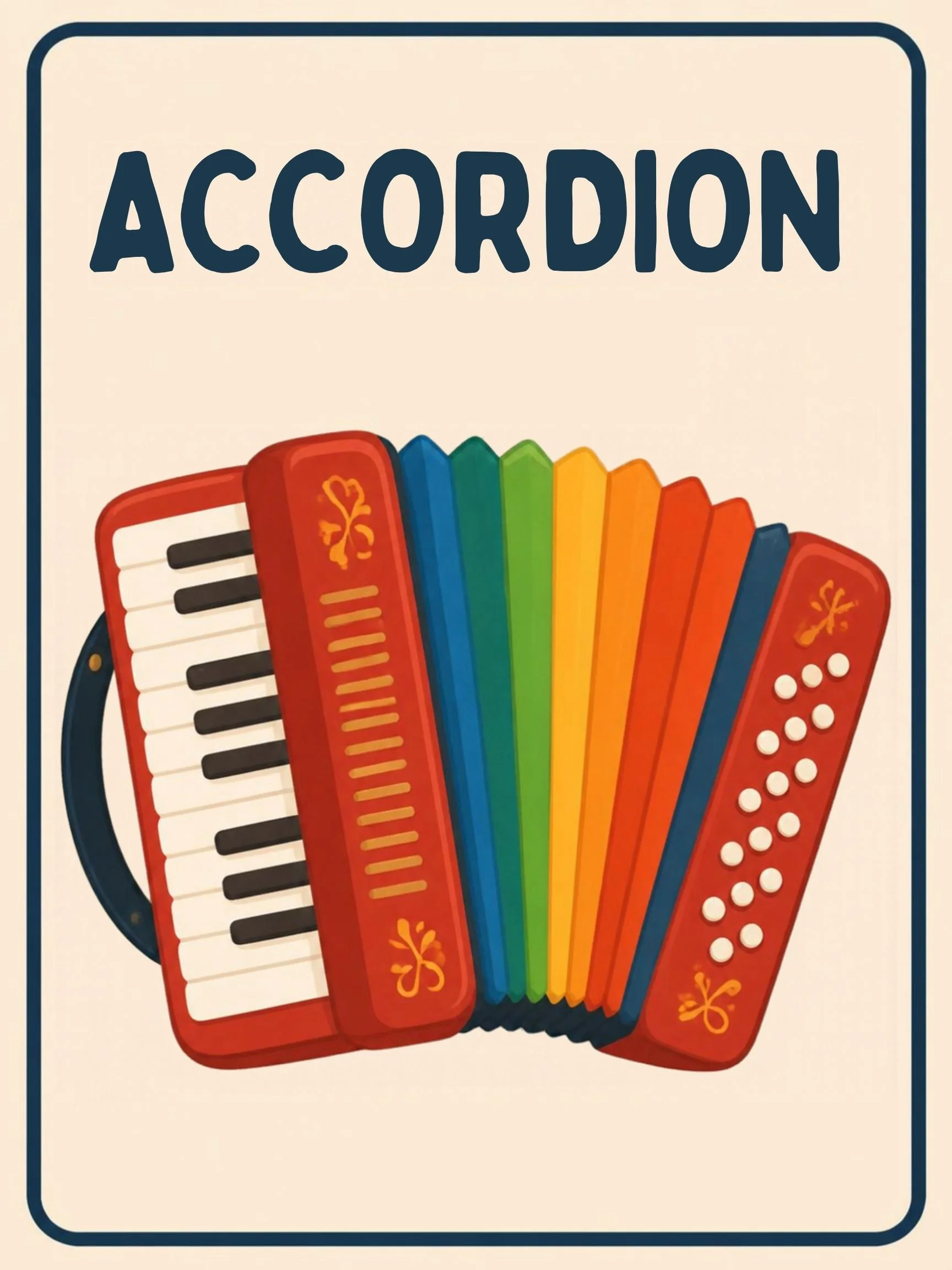 A Music Room flashcard with the word "Accordion" and a red accordion with rainbow-coloured bellows.