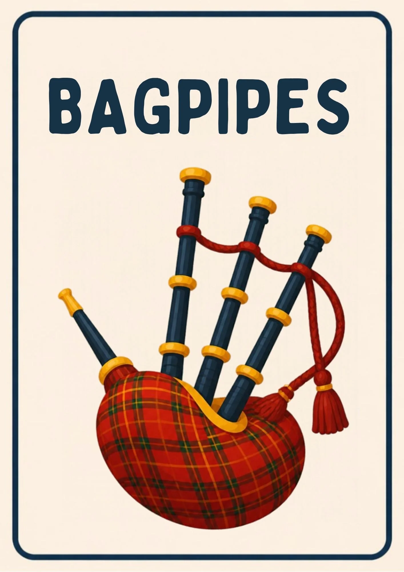 A Music Room flashcard with the word "Bagpipes" and a friendly illustration of bagpipes with their pipes and bag.
