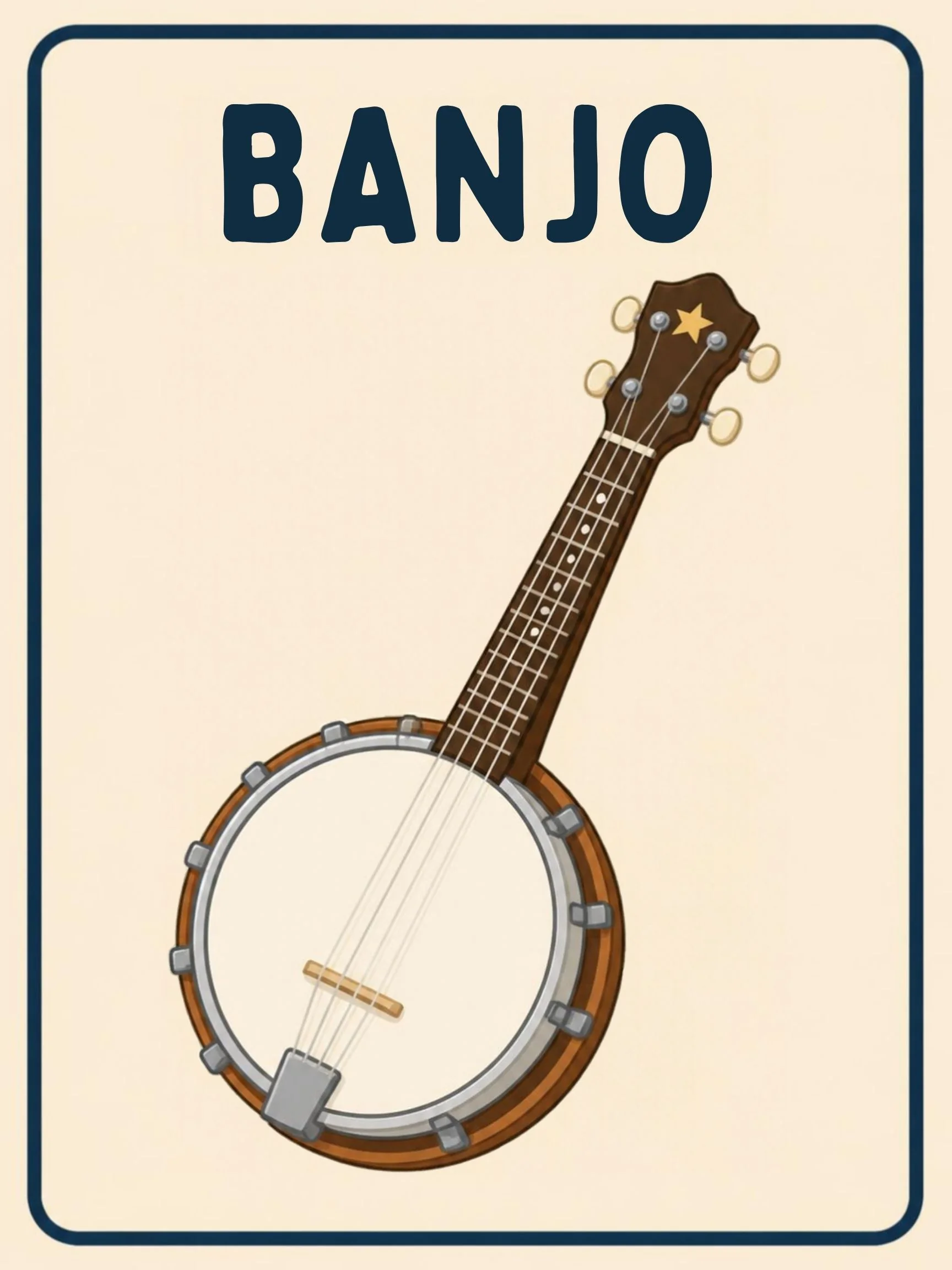 A Music Room flashcard with the word "Banjo" and a friendly illustration of a banjo with its round body and strings.
