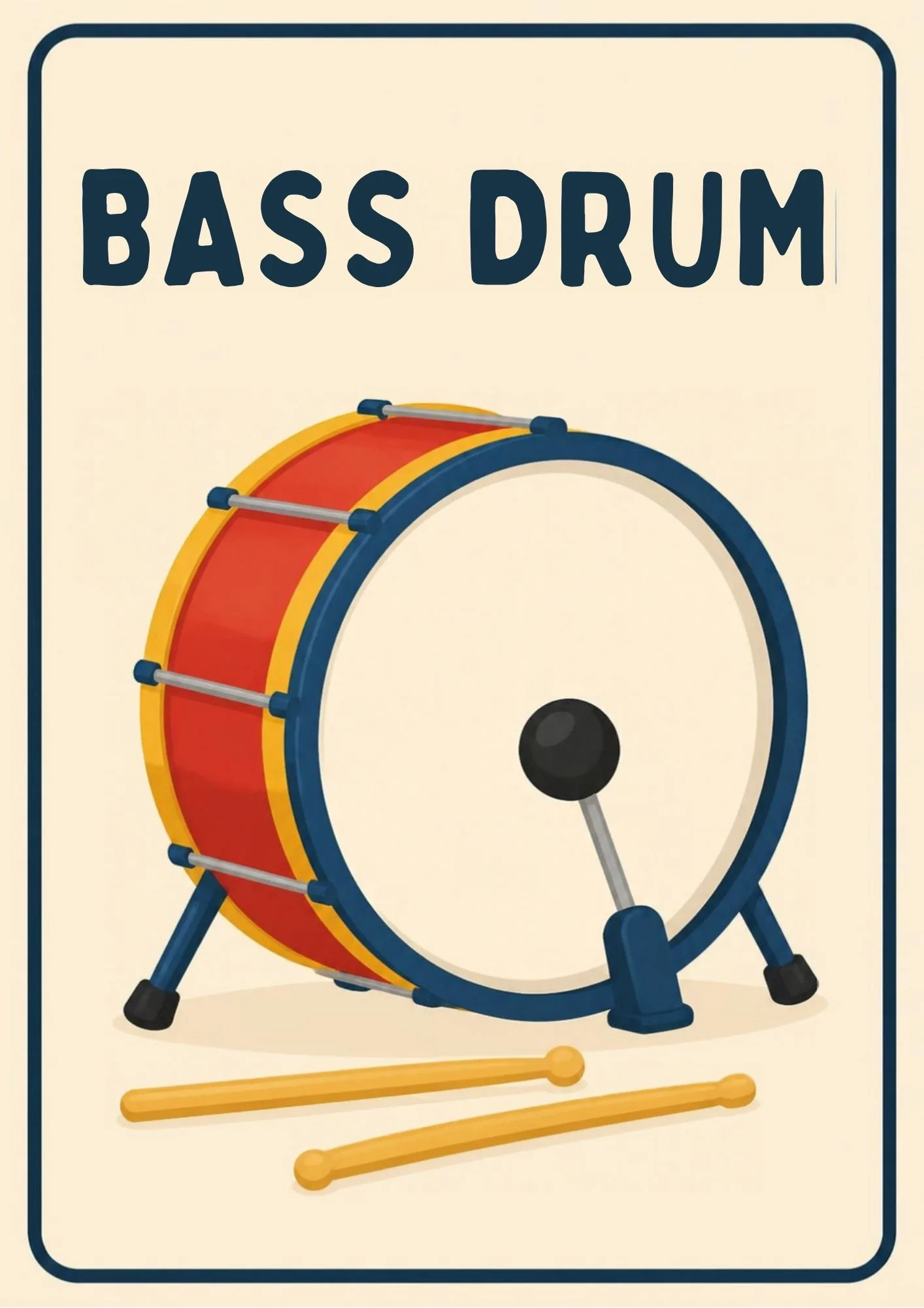 A Music Room flashcard with the word "Bass Drum" and a friendly illustration of a big bass drum.