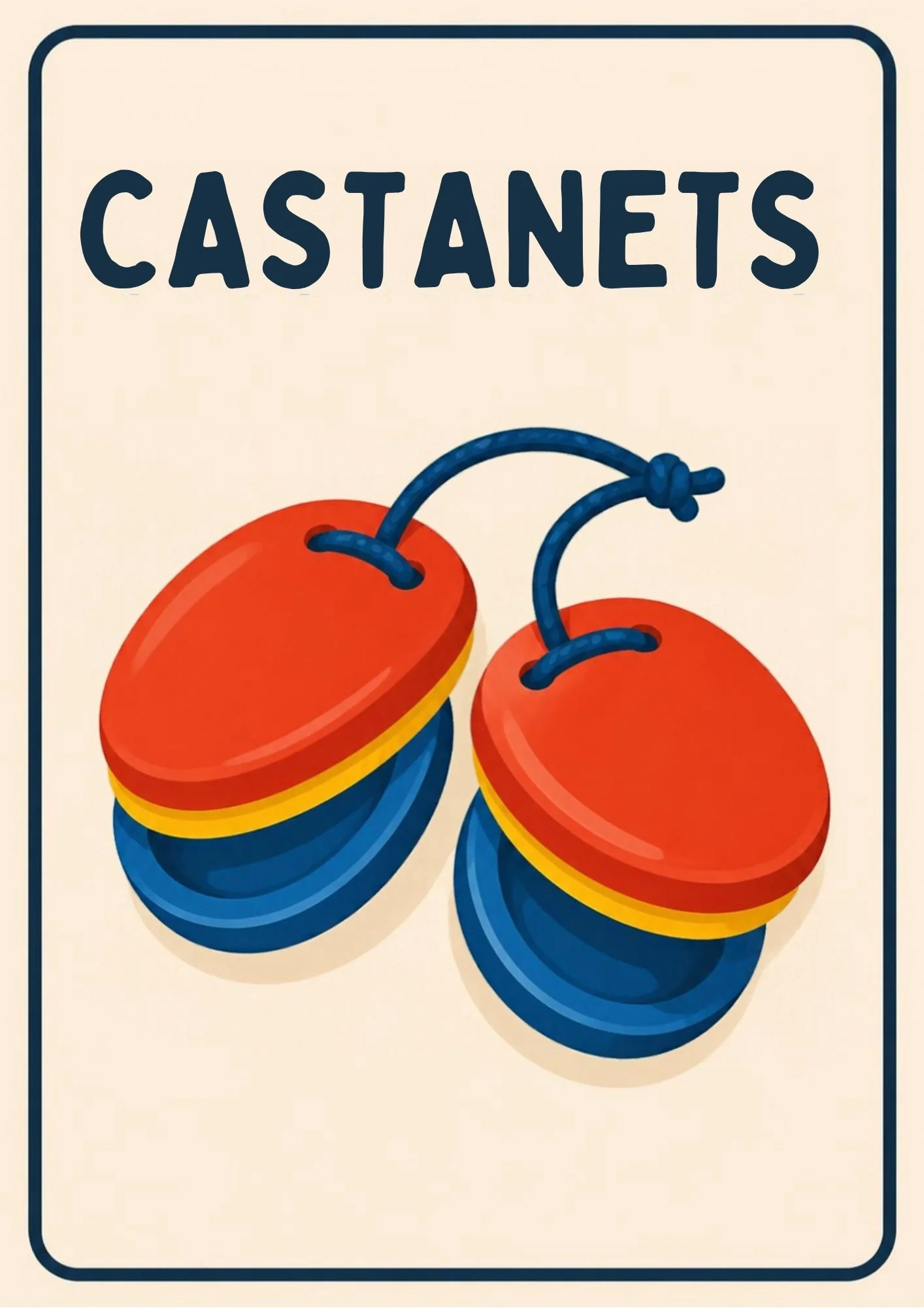 A Music Room flashcard with the word "Castanets" and a friendly illustration of a pair of castanets.