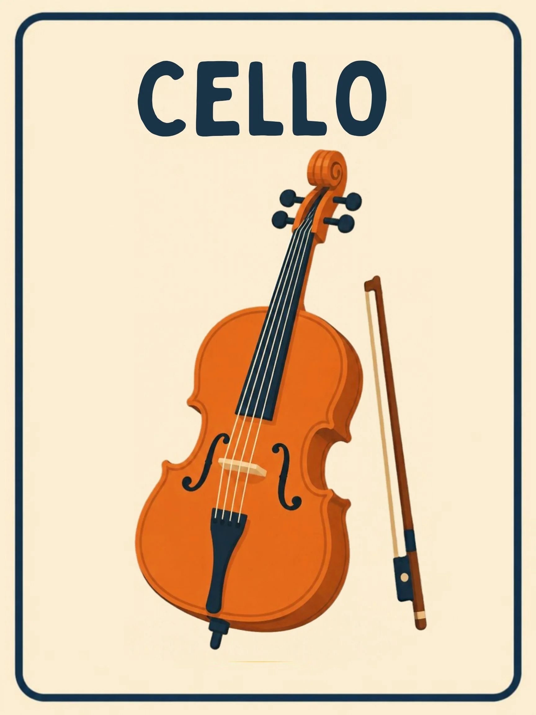 A Music Room flashcard with the word "Cello" and a friendly illustration of a big cello with its bow.