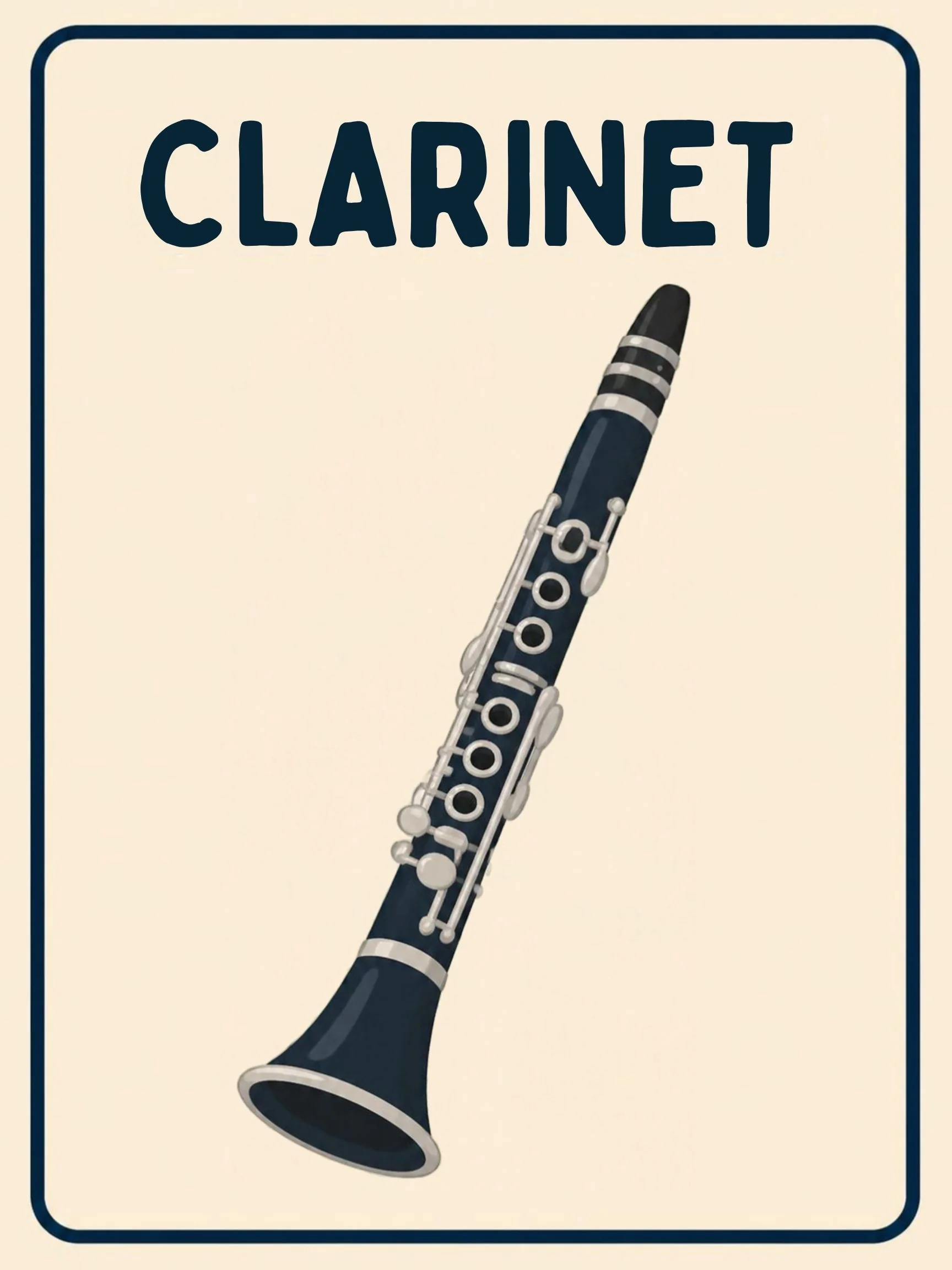 A Music Room flashcard with the word "Clarinet" and a friendly illustration of a clarinet with its keys.