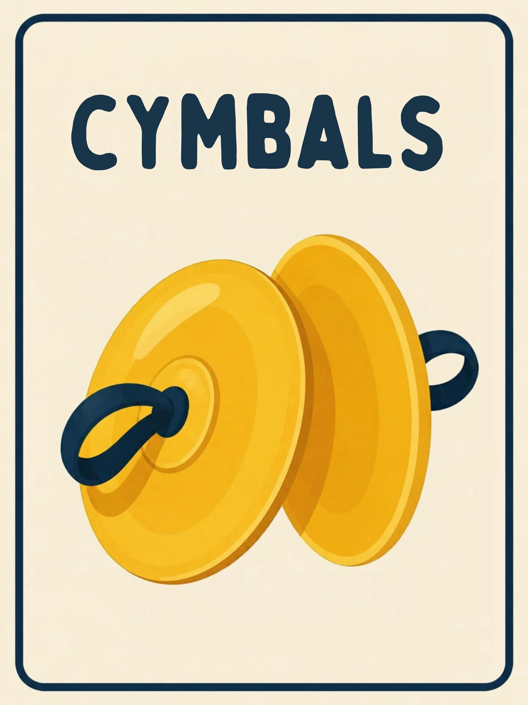 A Music Room flashcard with the word "Cymbals" and a friendly illustration of two cymbals.