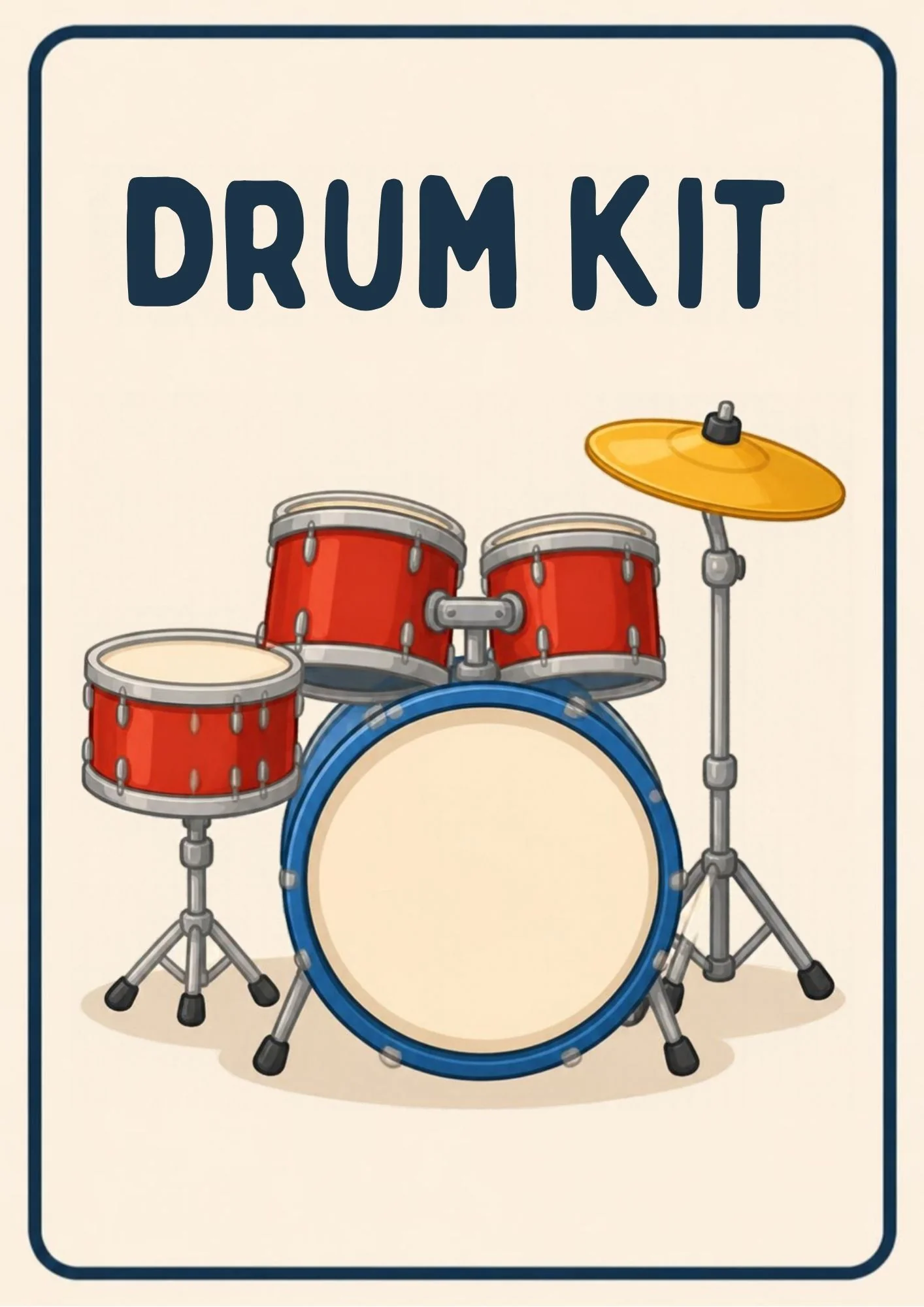 A Music Room flashcard with the word "Drum Kit" and a friendly illustration of a drum kit with drums and cymbals.