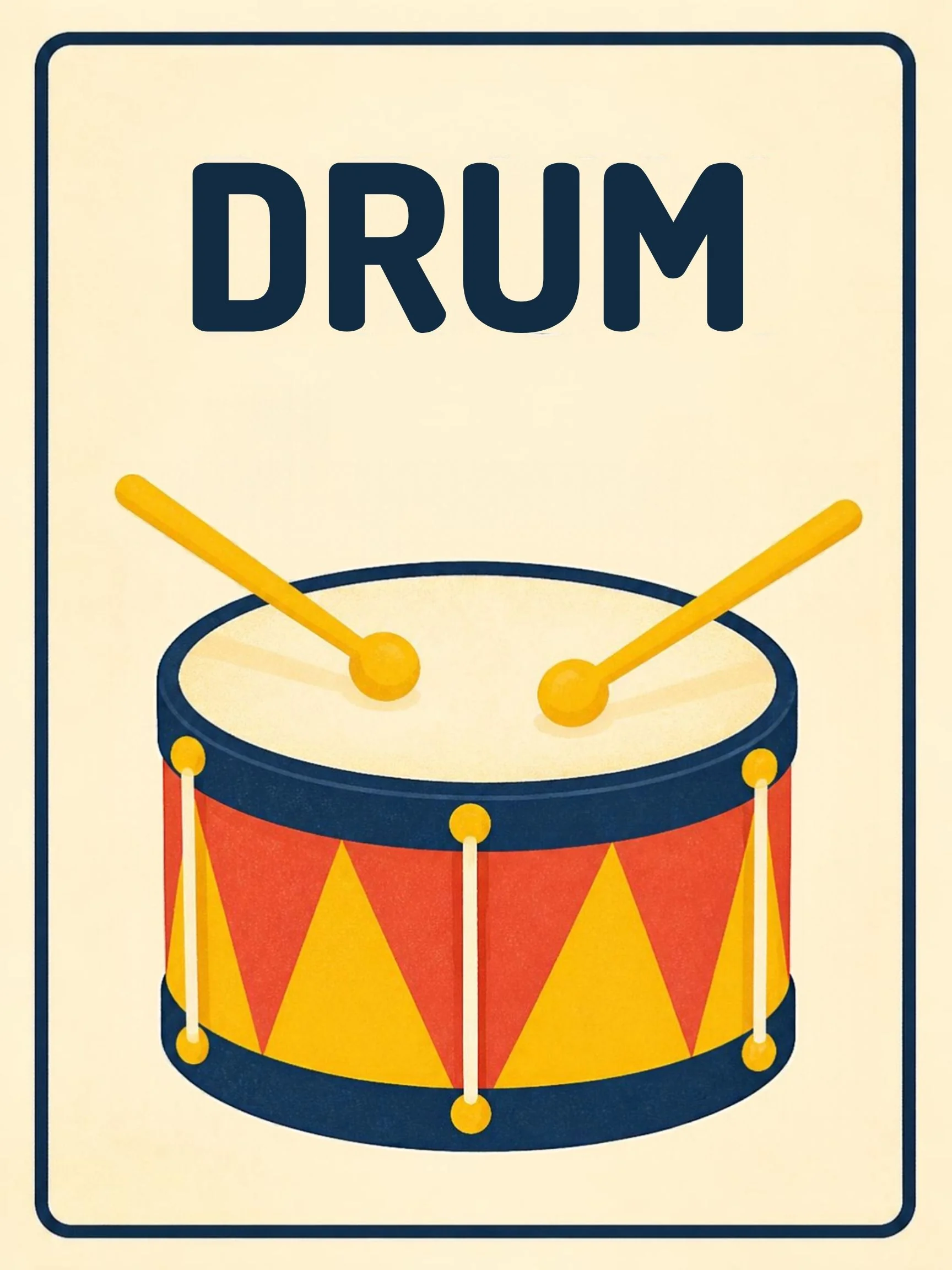 A Music Room flashcard with the word "Drum" and a red-and-yellow drum with two mallets.