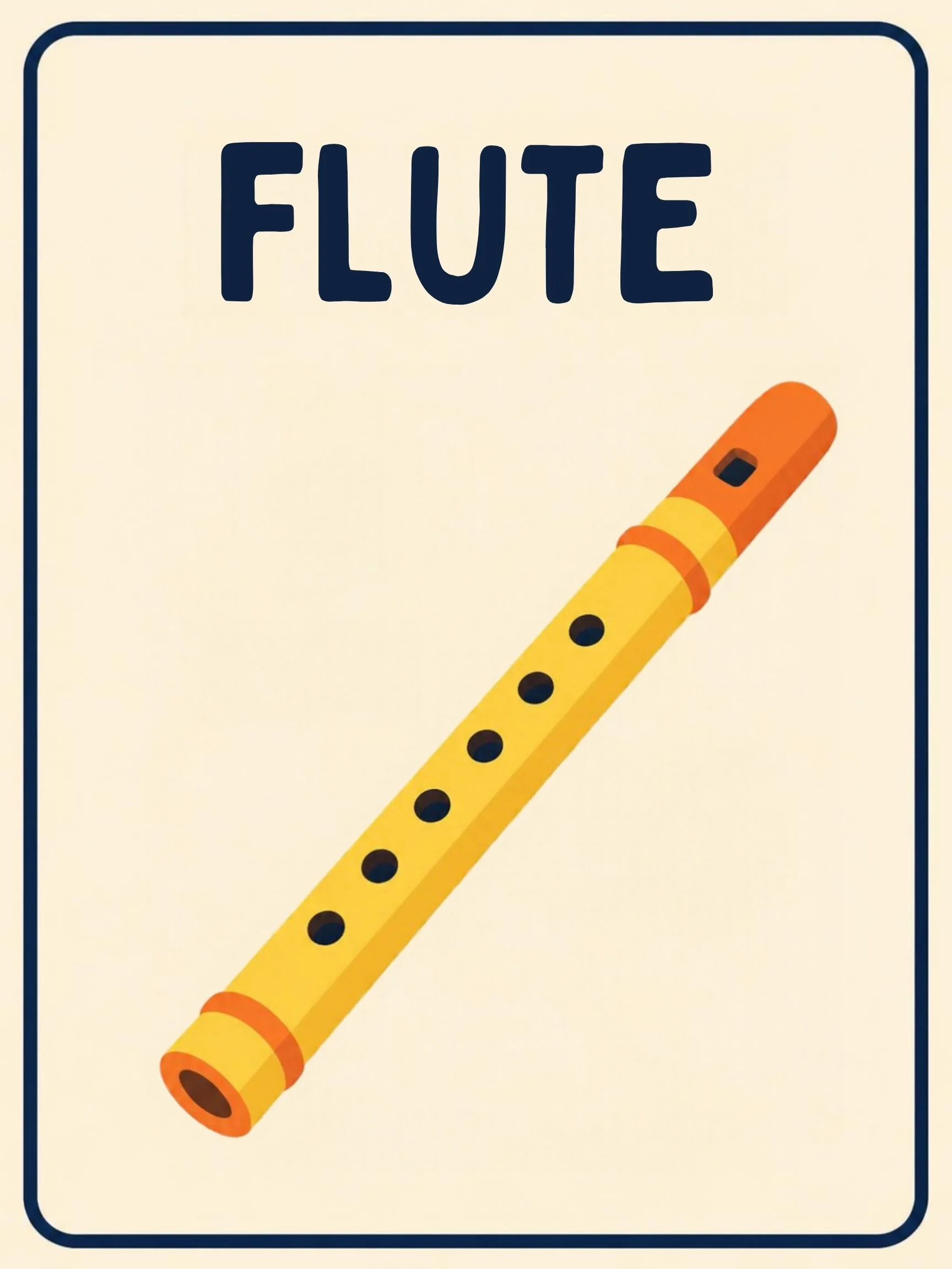 A Music Room flashcard with the word "Flute" and a friendly illustration of a silver flute.