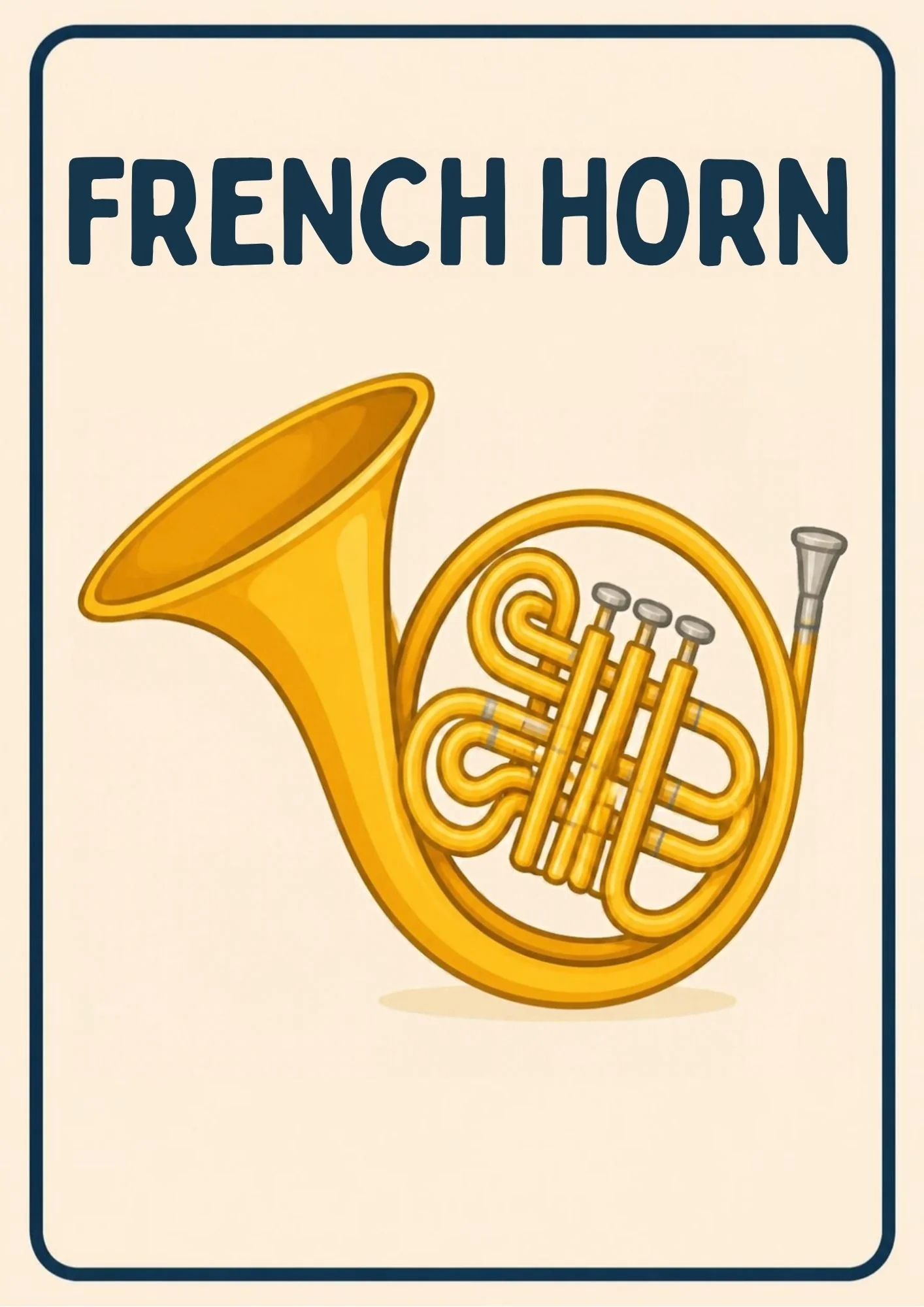 A Music Room flashcard with the word "French Horn" and a friendly illustration of a French horn with its wide bell.