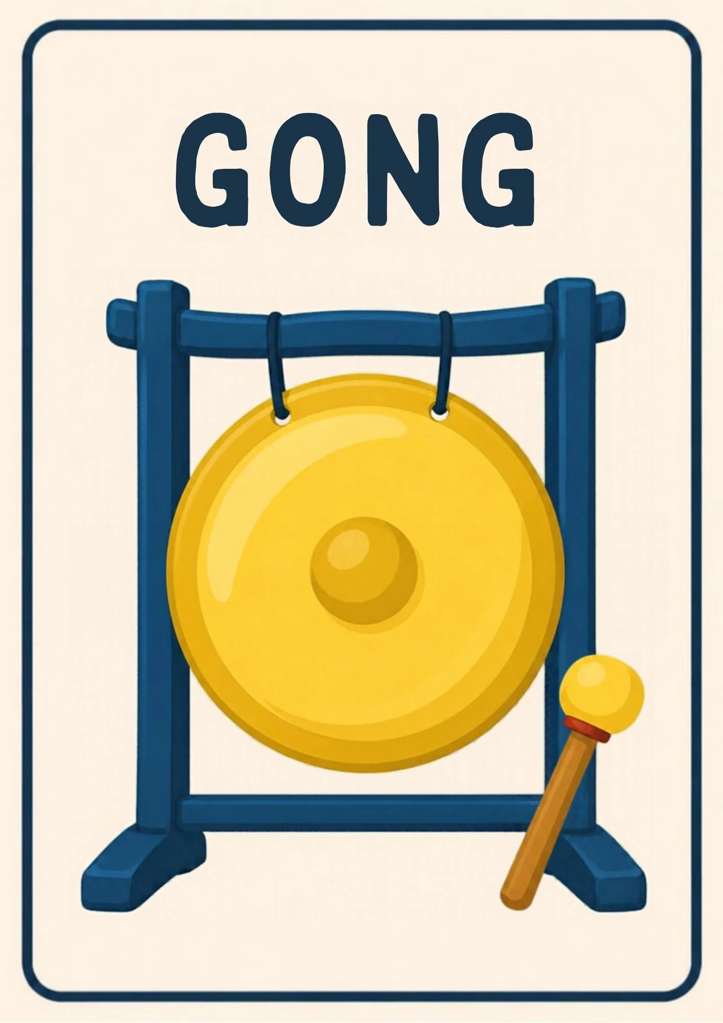 A Music Room flashcard with the word "Gong" and a friendly illustration of a big round gong.