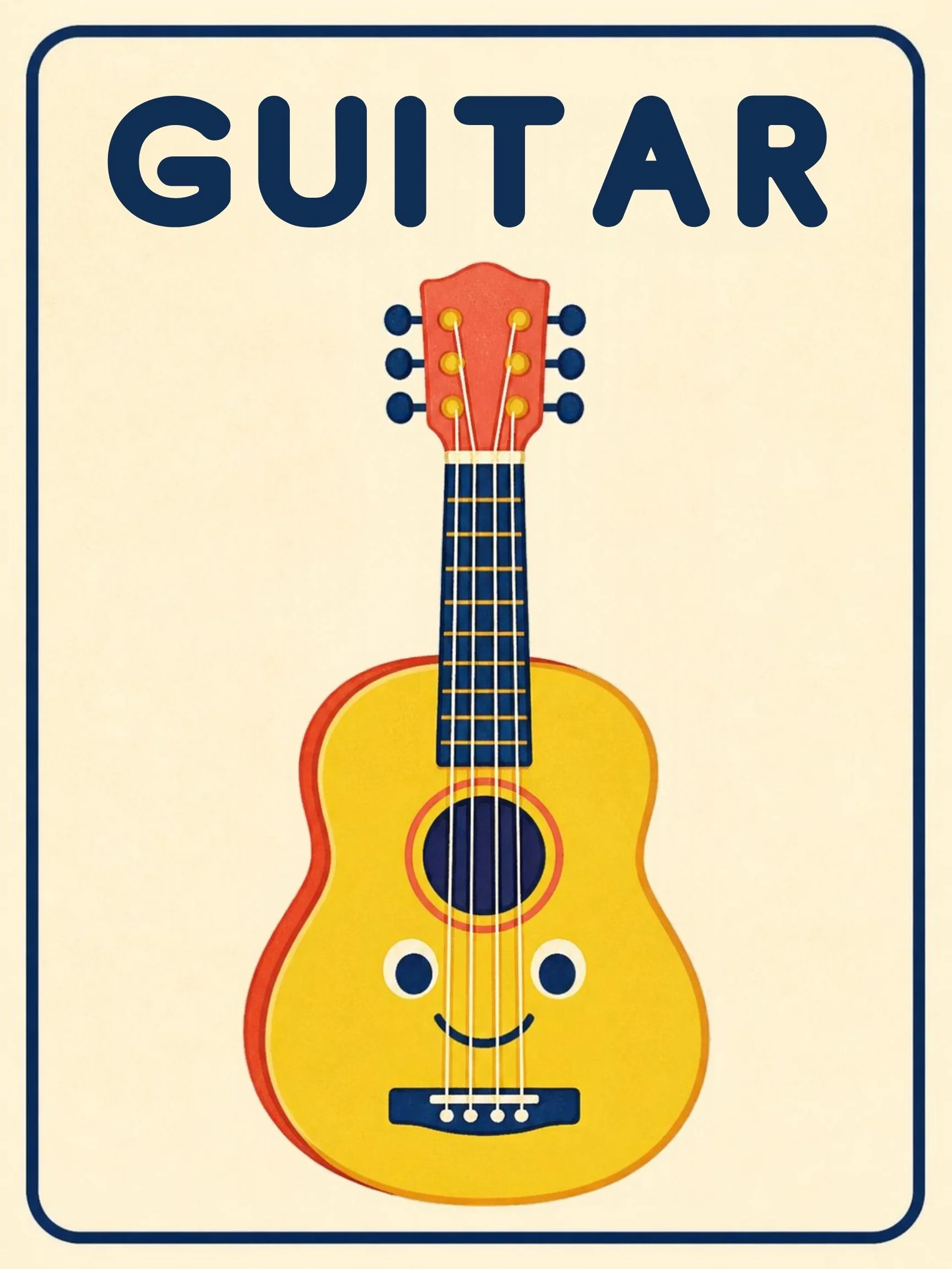 A Music Room flashcard with the word "Guitar" and a friendly illustration of a guitar with its strings.