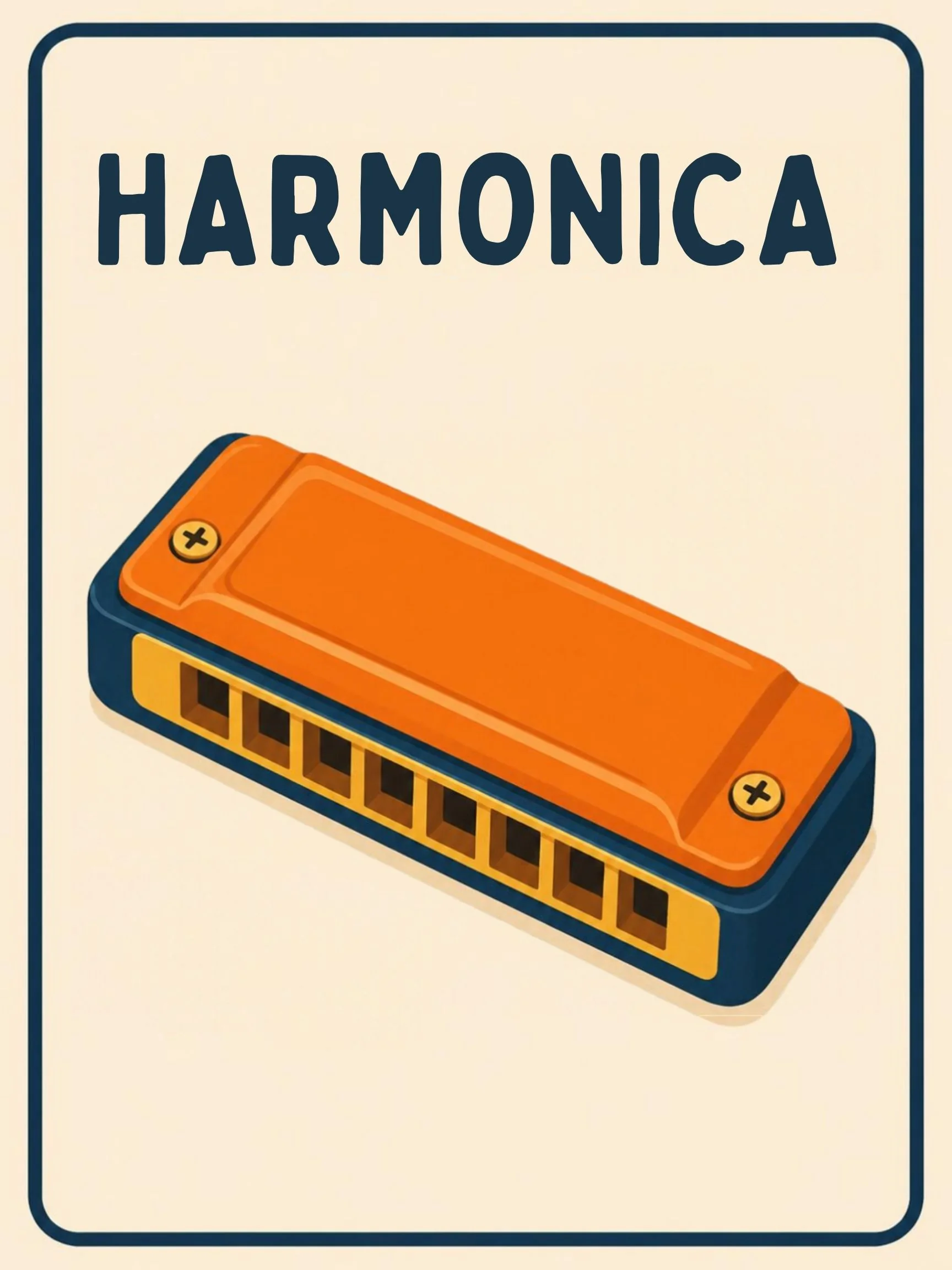 A Music Room flashcard with the word "Harmonica" and a friendly illustration of a small harmonica.