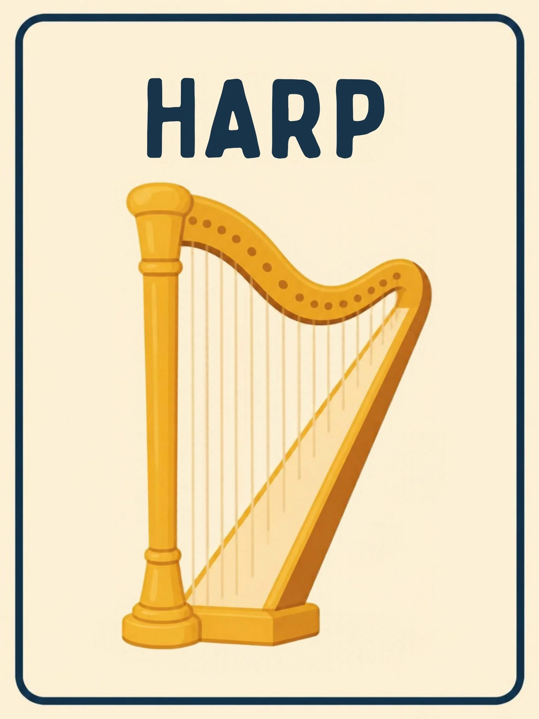 A Music Room flashcard with the word "Harp" and a friendly illustration of a tall harp with its strings.