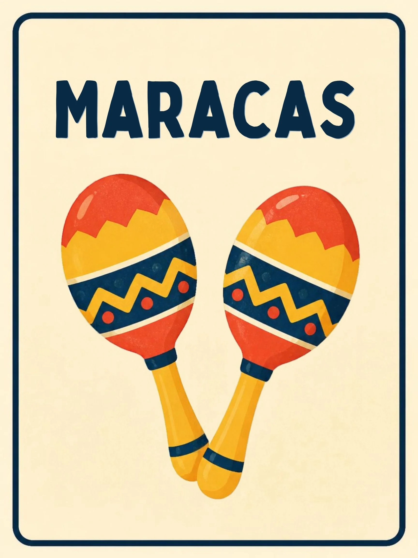 A Music Room flashcard with the word "Maracas" and a friendly illustration of two maracas.