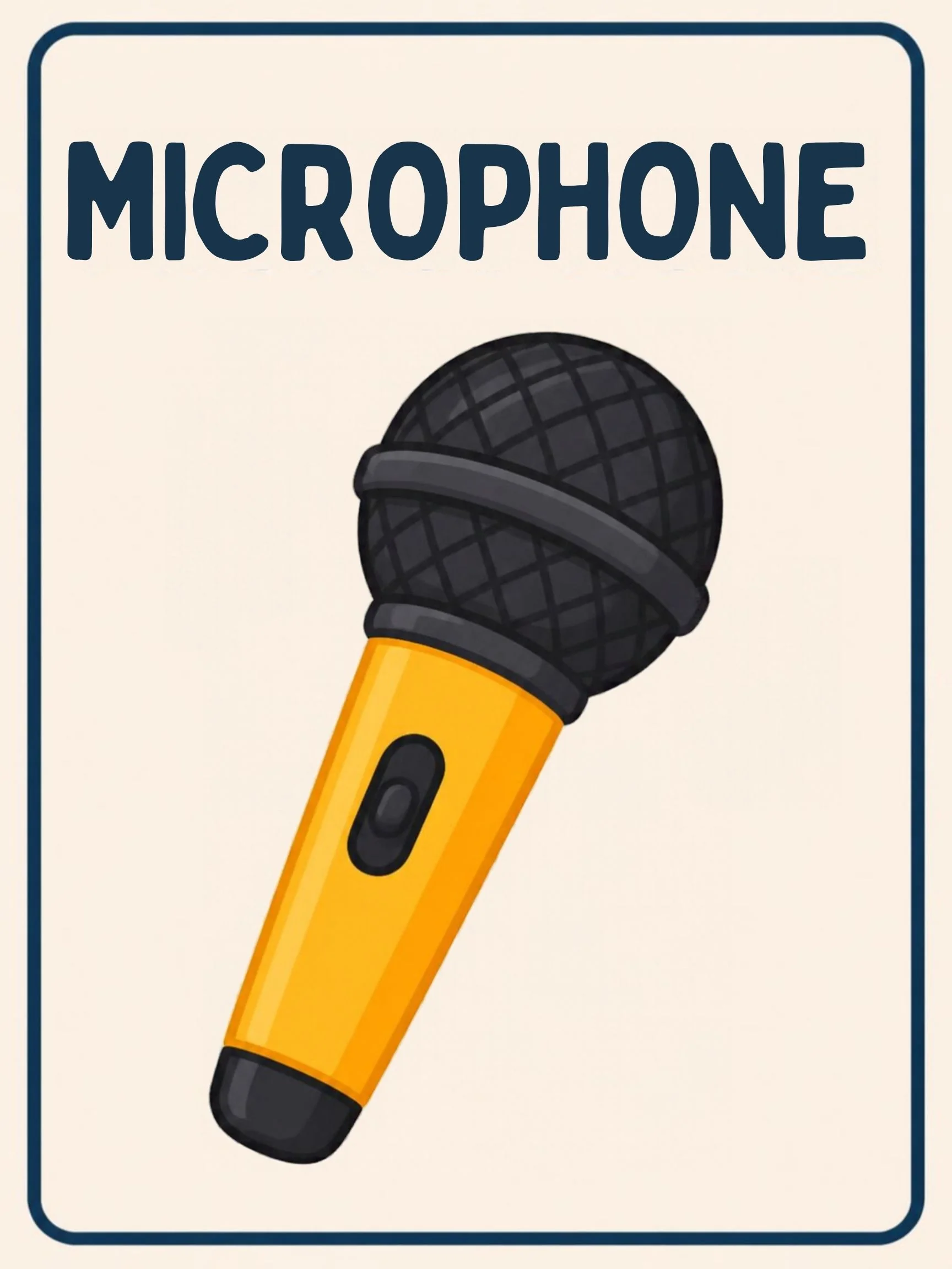 A Music Room flashcard with the word "Microphone" and a yellow handheld stage microphone.