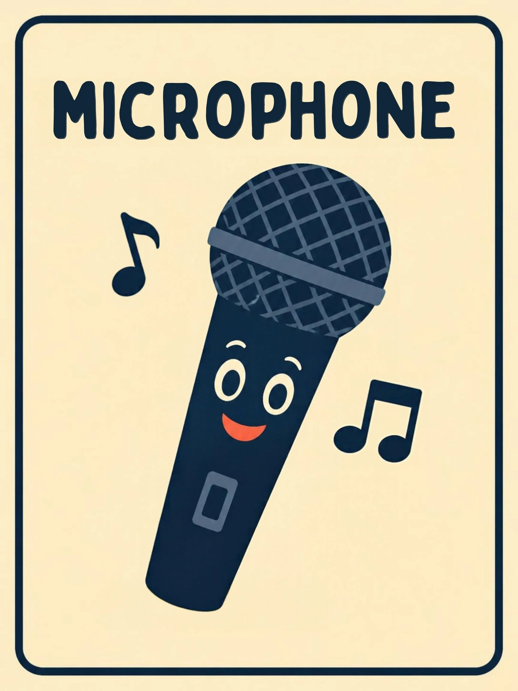 A Music Room flashcard with the word "Microphone" and a smiling cartoon microphone with music notes around it.