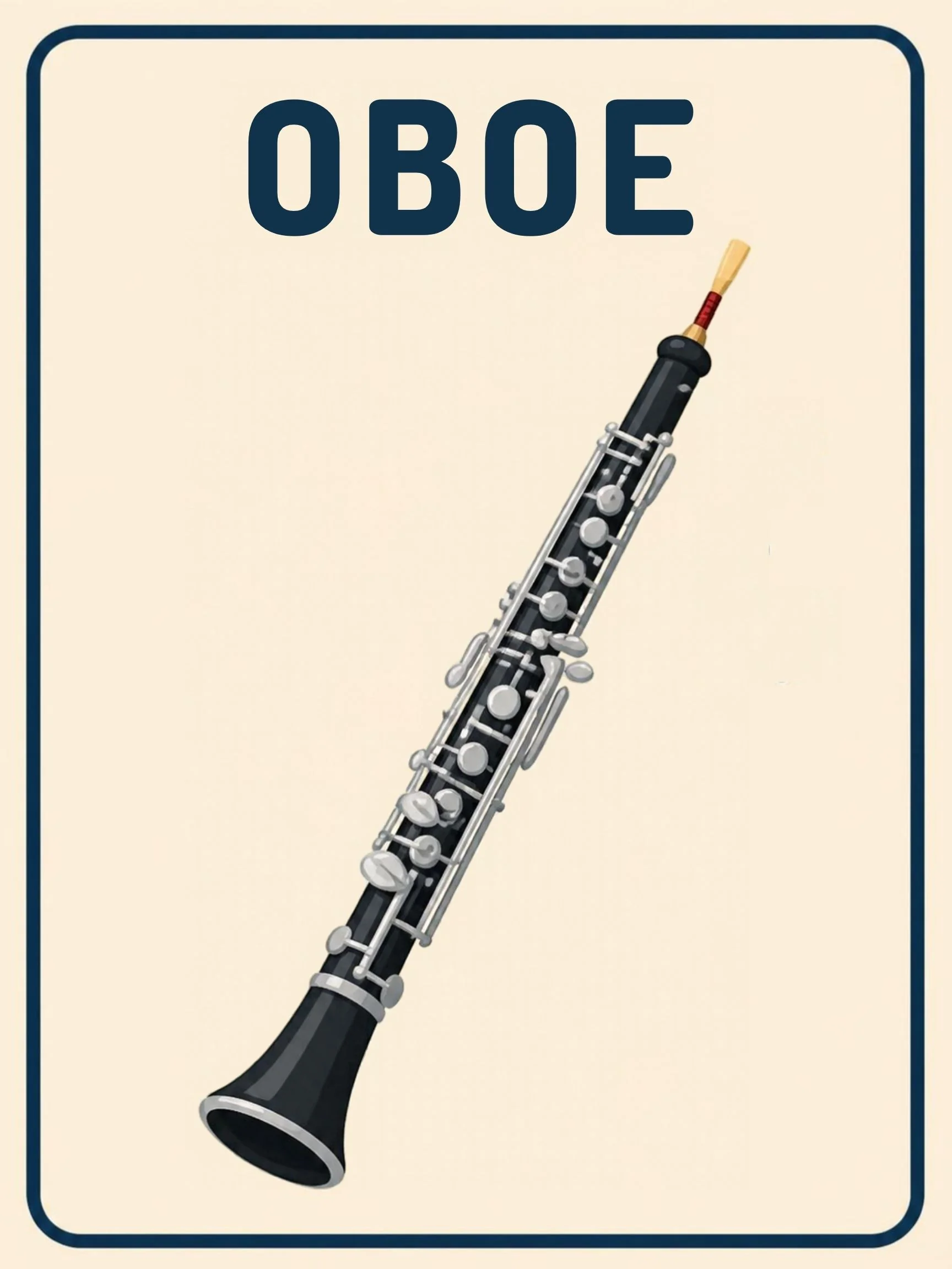 A Music Room flashcard with the word "Oboe" and a friendly illustration of an oboe with its reed.