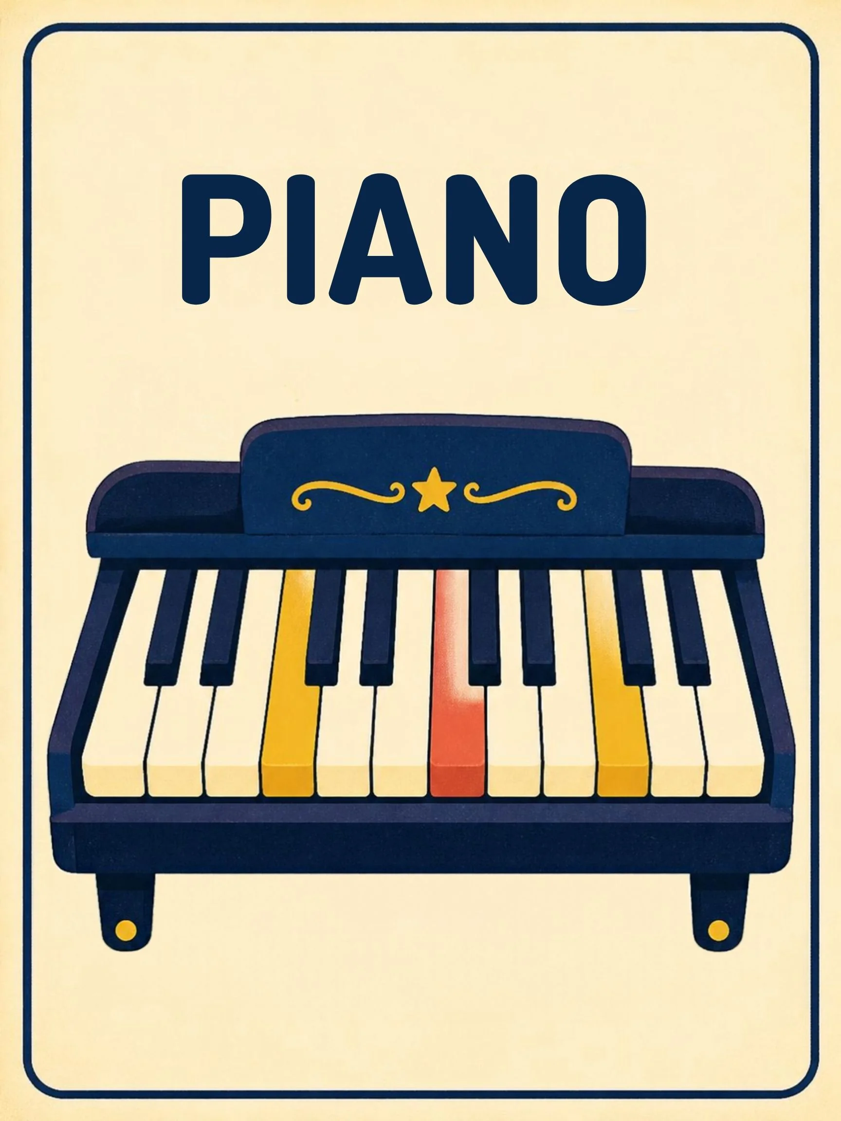 A Music Room flashcard with the word "Piano" and a navy toy piano with yellow and red accent keys.