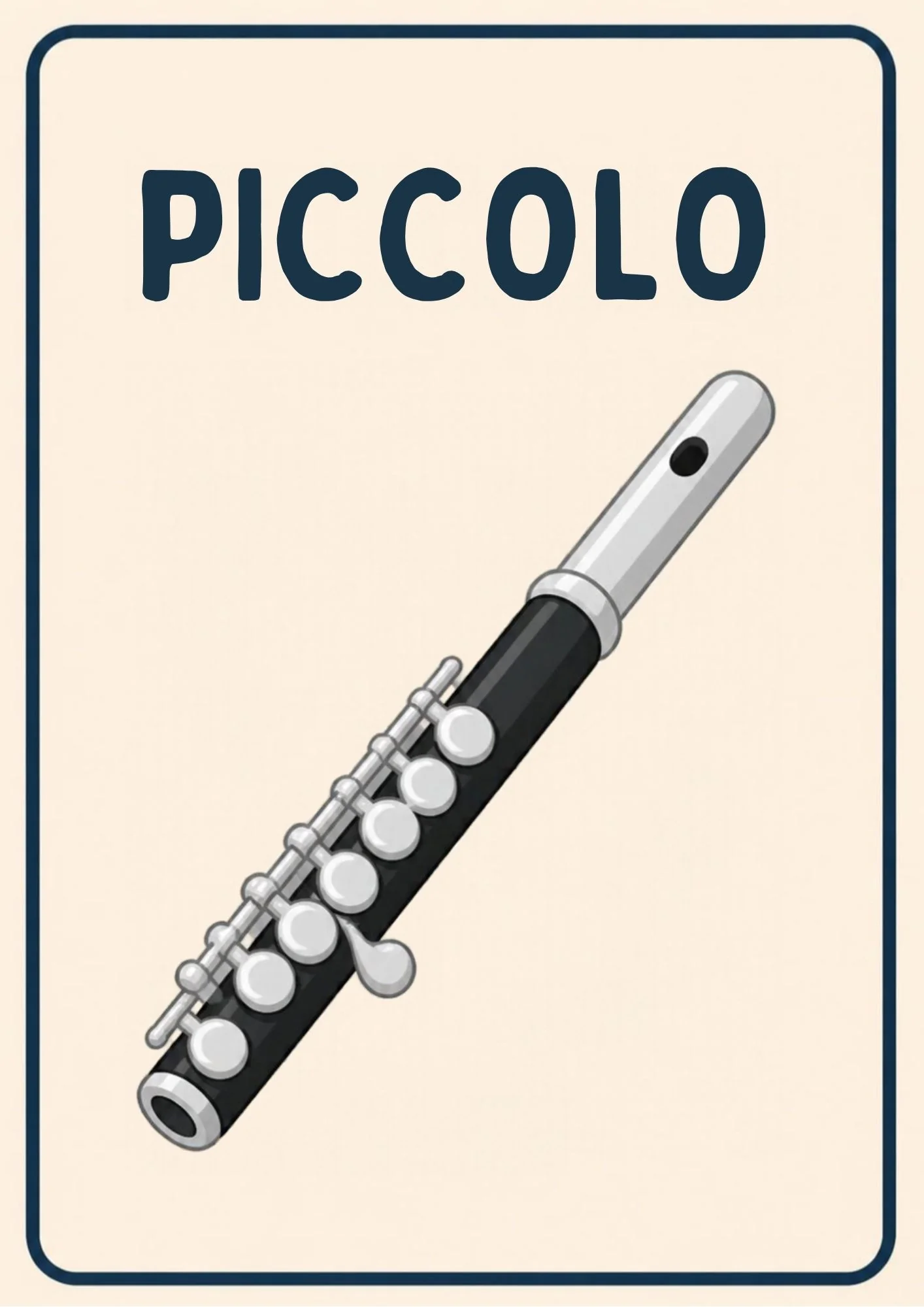 A Music Room flashcard with the word "Piccolo" and a friendly illustration of a small piccolo.