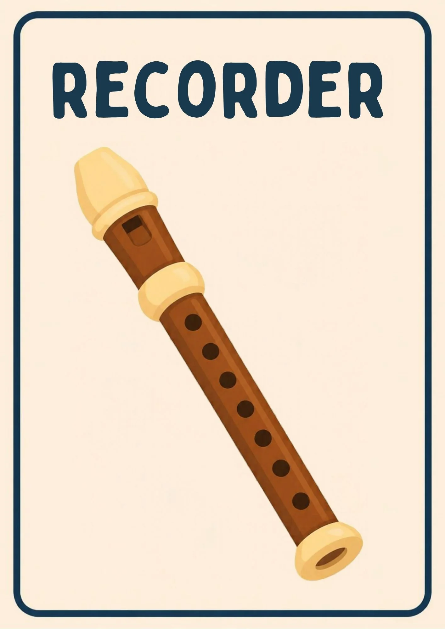 A Music Room flashcard with the word "Recorder" and a friendly illustration of a recorder.