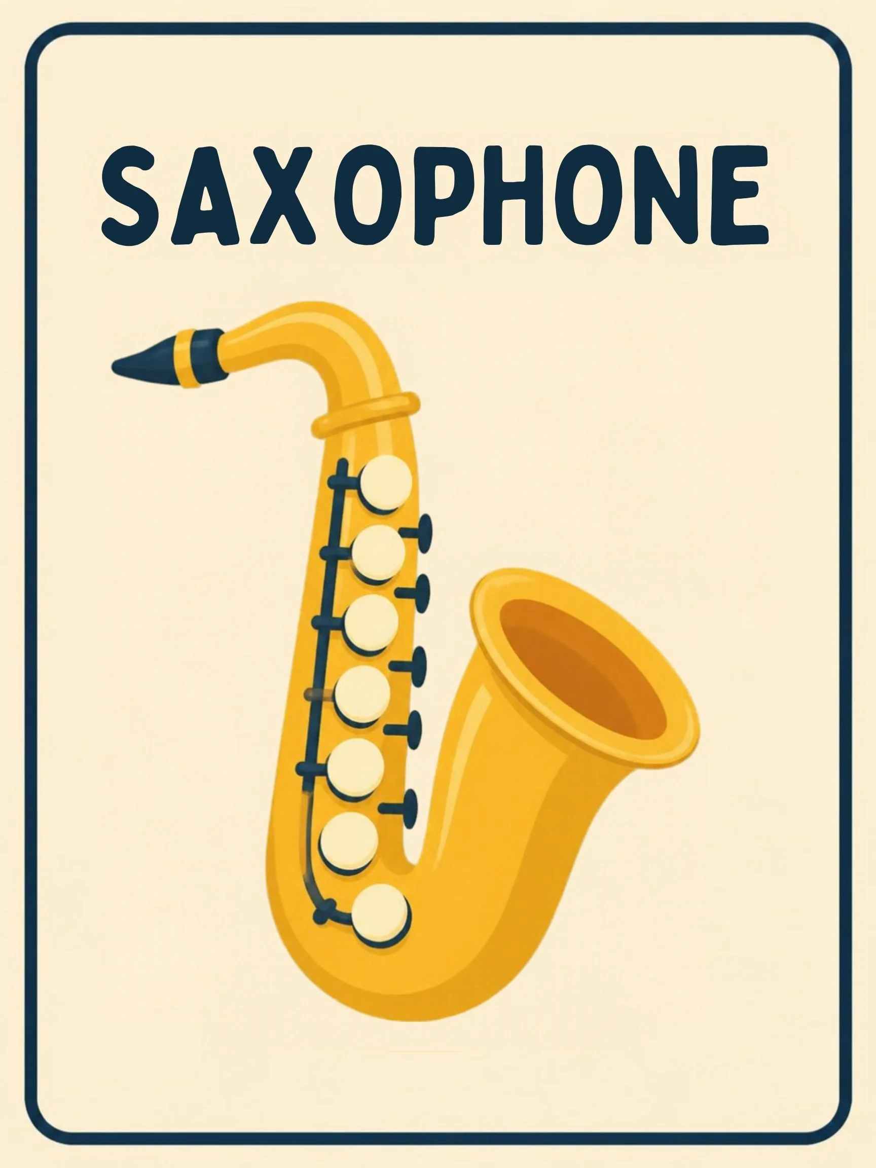A Music Room flashcard with the word "Saxophone" and a friendly illustration of a golden saxophone.
