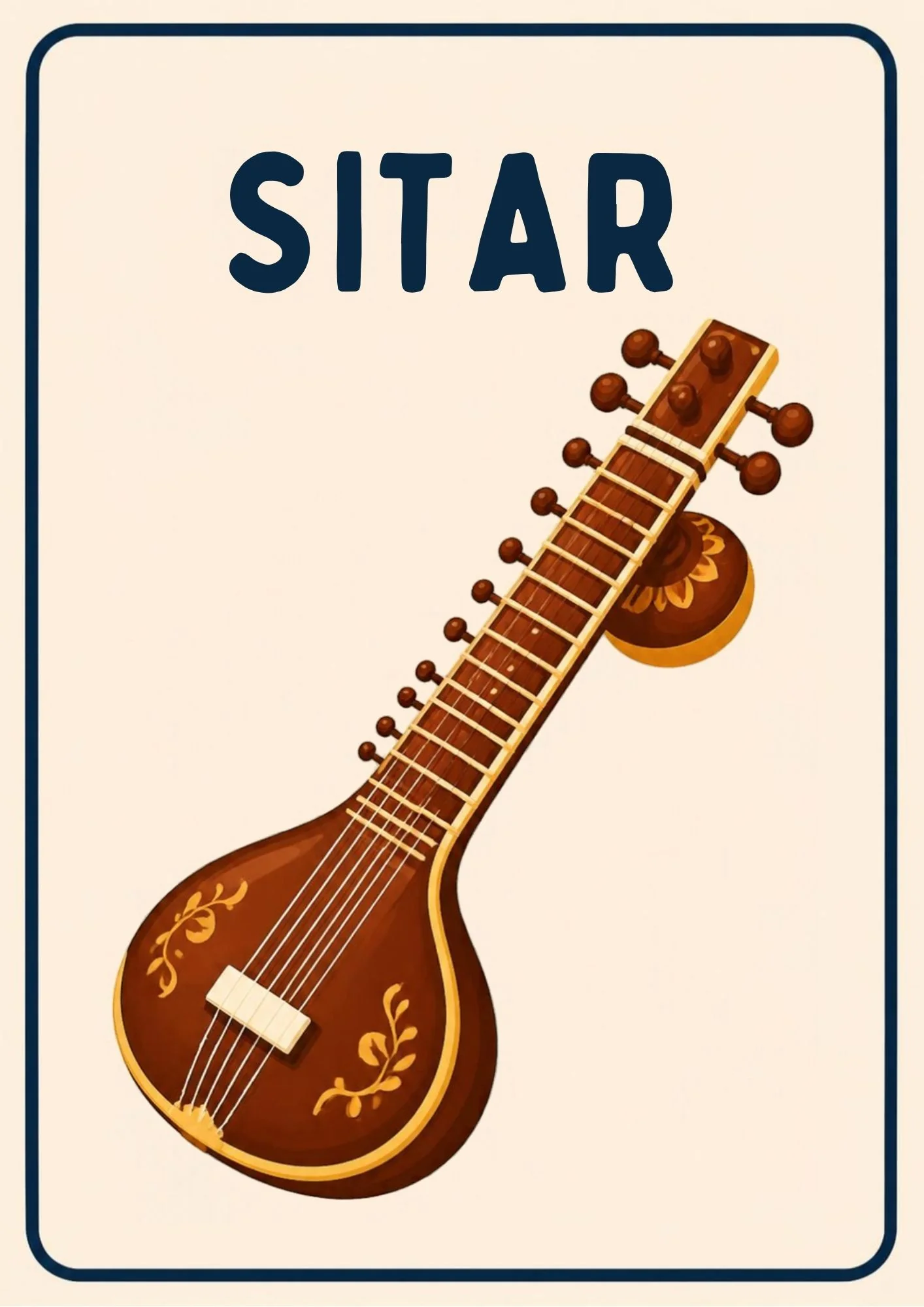 A Music Room flashcard with the word "Sitar" and a friendly illustration of a sitar with its long neck.