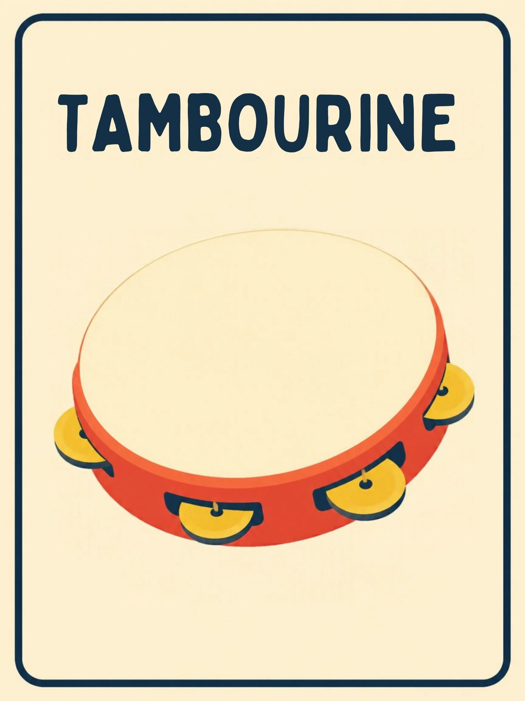 A Music Room flashcard with the word "Tambourine" and a friendly illustration of a tambourine with its jingles.