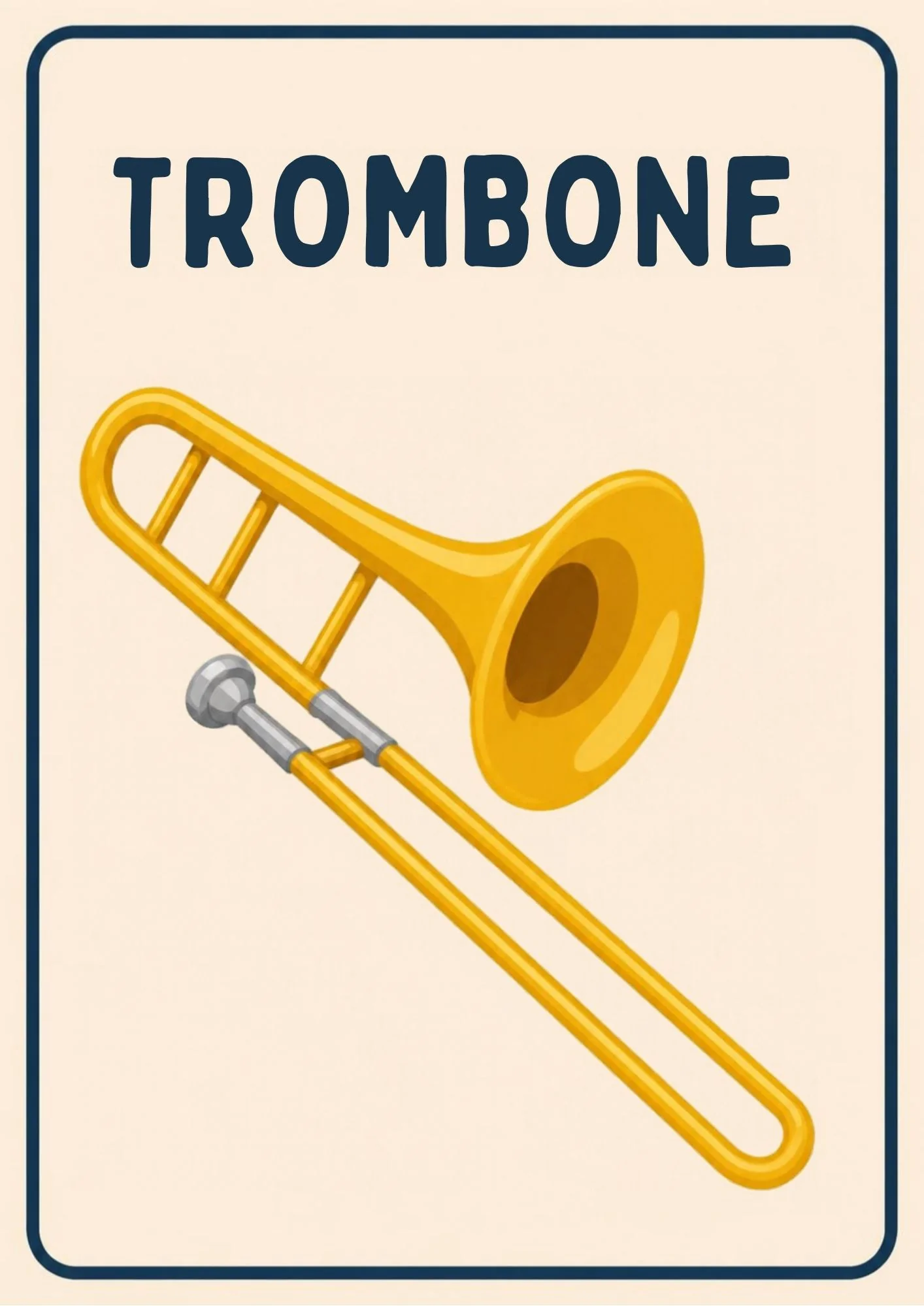 A Music Room flashcard with the word "Trombone" and a friendly illustration of a trombone with its long slide.