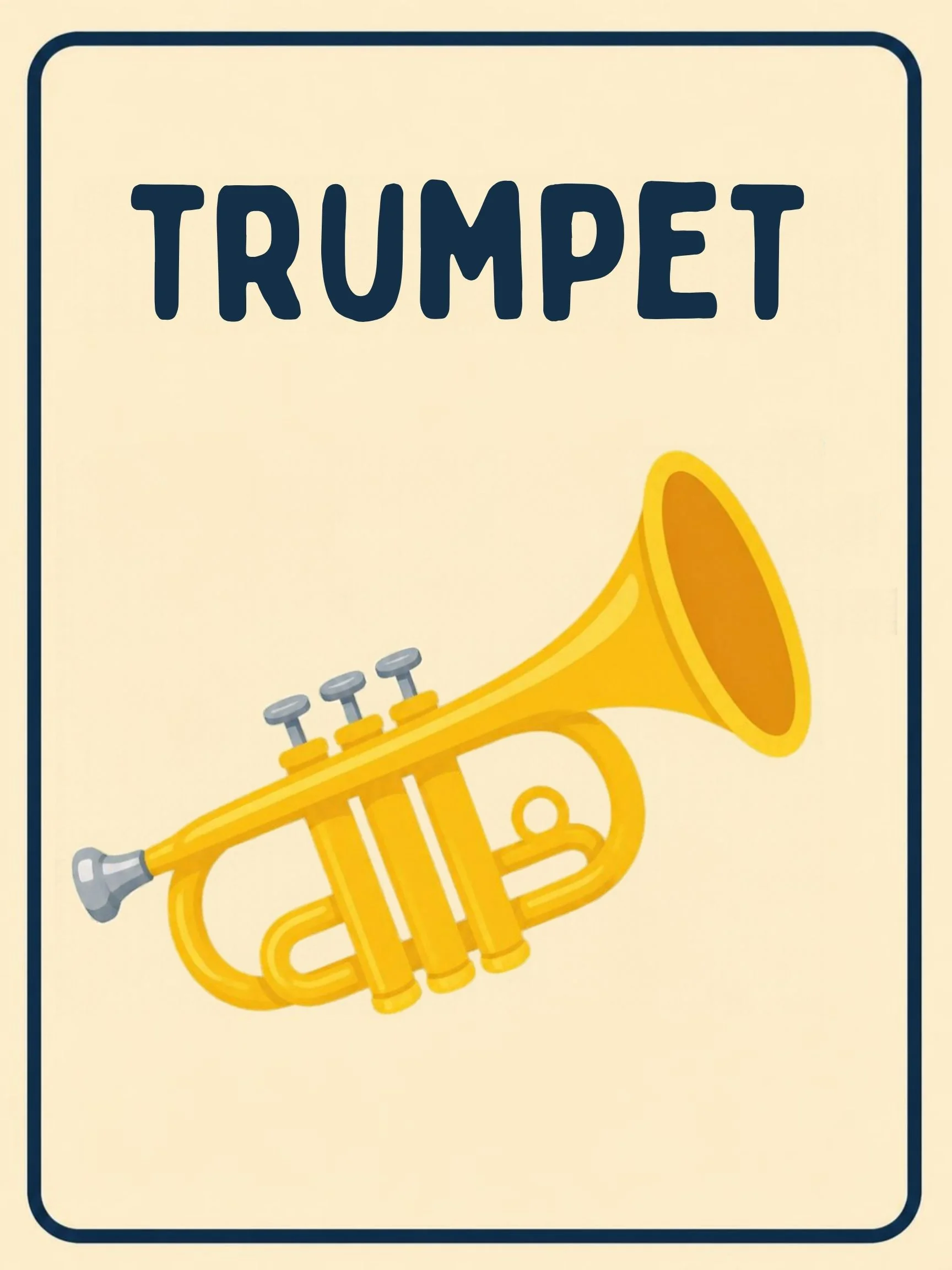 A Music Room flashcard with the word "Trumpet" and a friendly illustration of a trumpet with three valves.