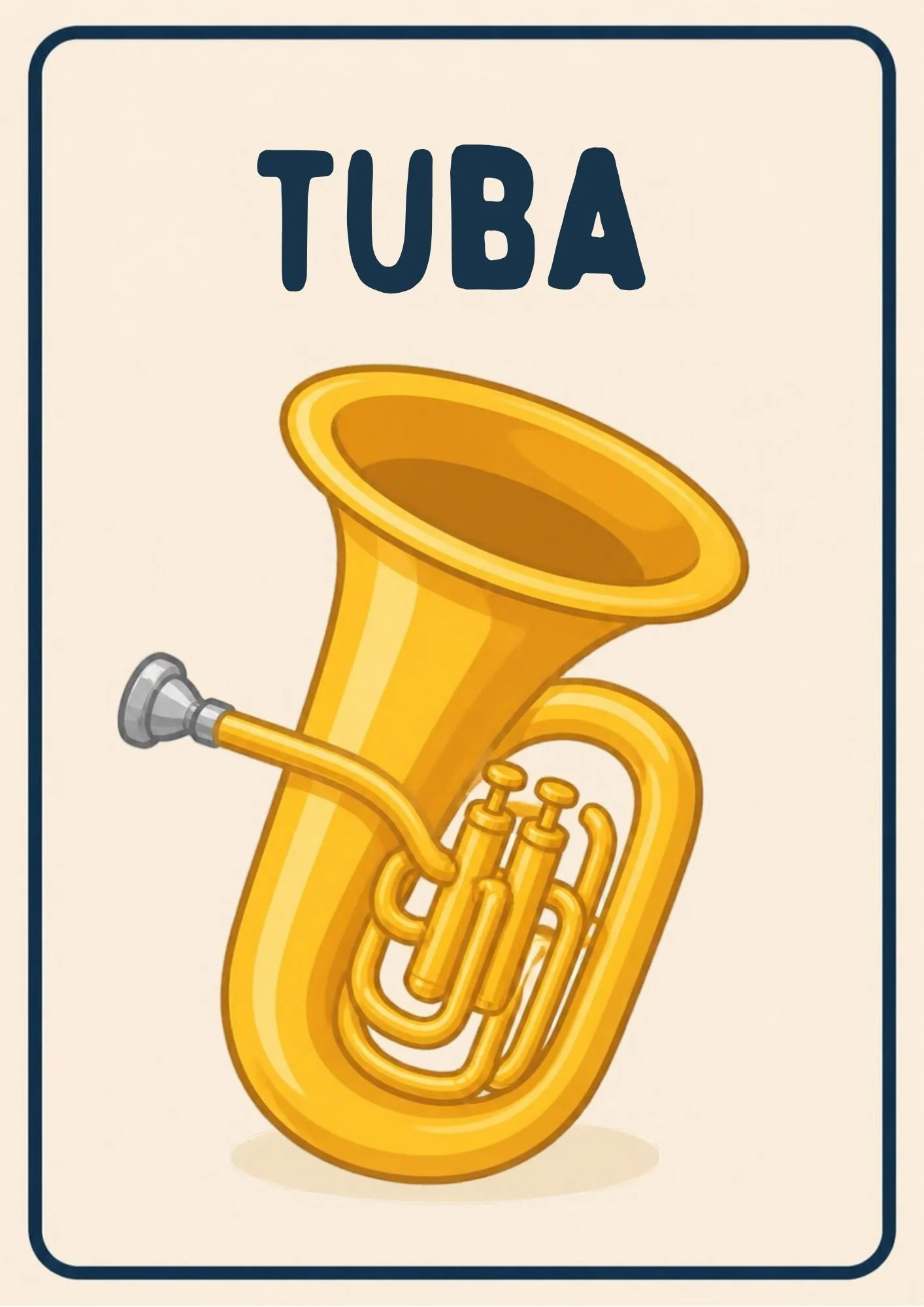 A Music Room flashcard with the word "Tuba" and a friendly illustration of a big tuba.