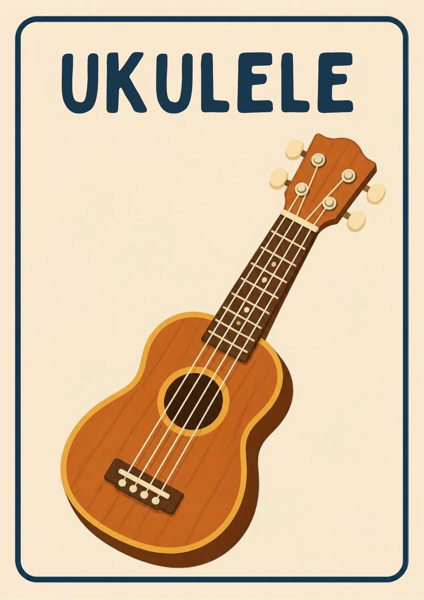 A Music Room flashcard with the word "Ukulele" and a friendly illustration of a small ukulele.