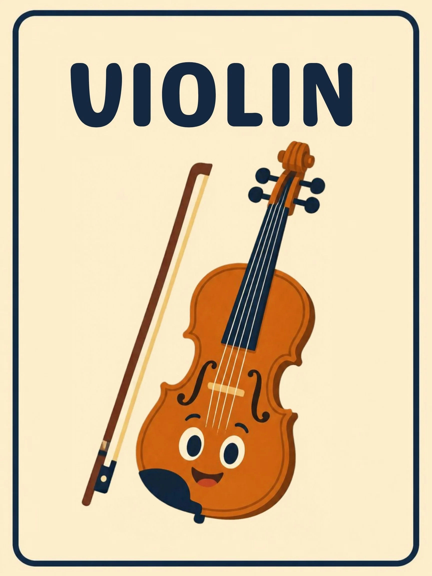 A Music Room flashcard with the word "Violin" and a friendly illustration of a violin with its bow.