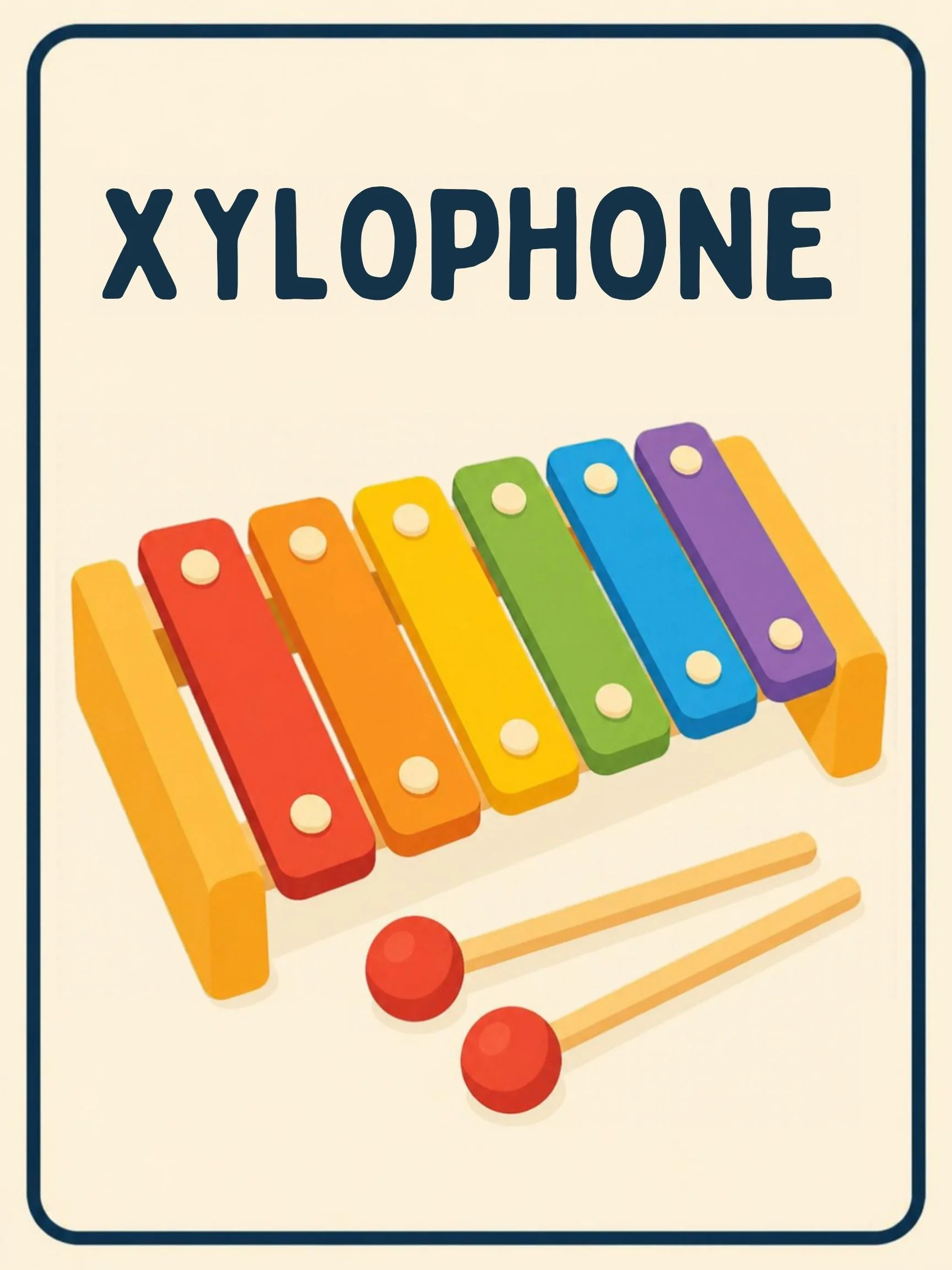 A Music Room flashcard with the word "Xylophone" and a friendly illustration of a colourful xylophone.