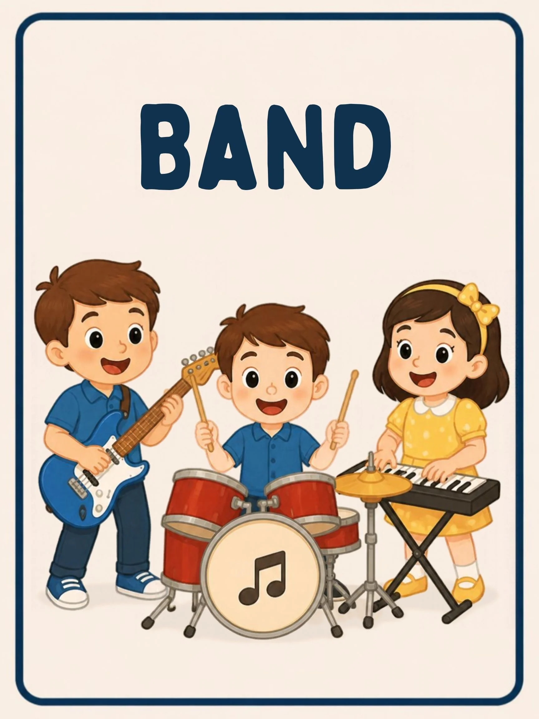 A Music Room flashcard with the word "Band" and children playing instruments together.