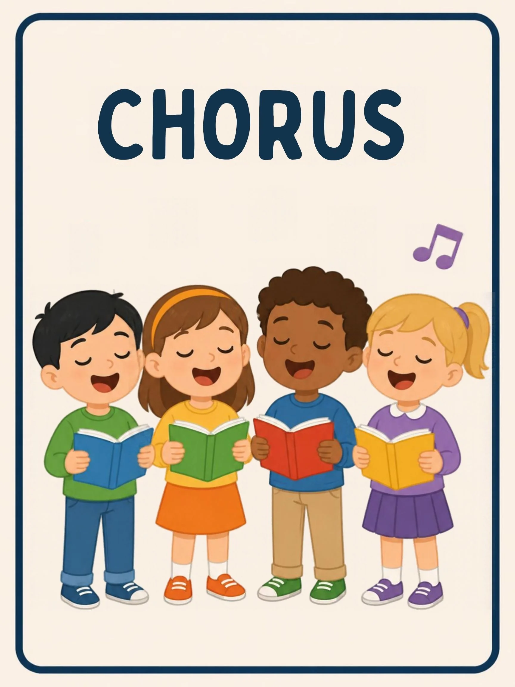 A Music Room flashcard with the word "Chorus" and children singing together.