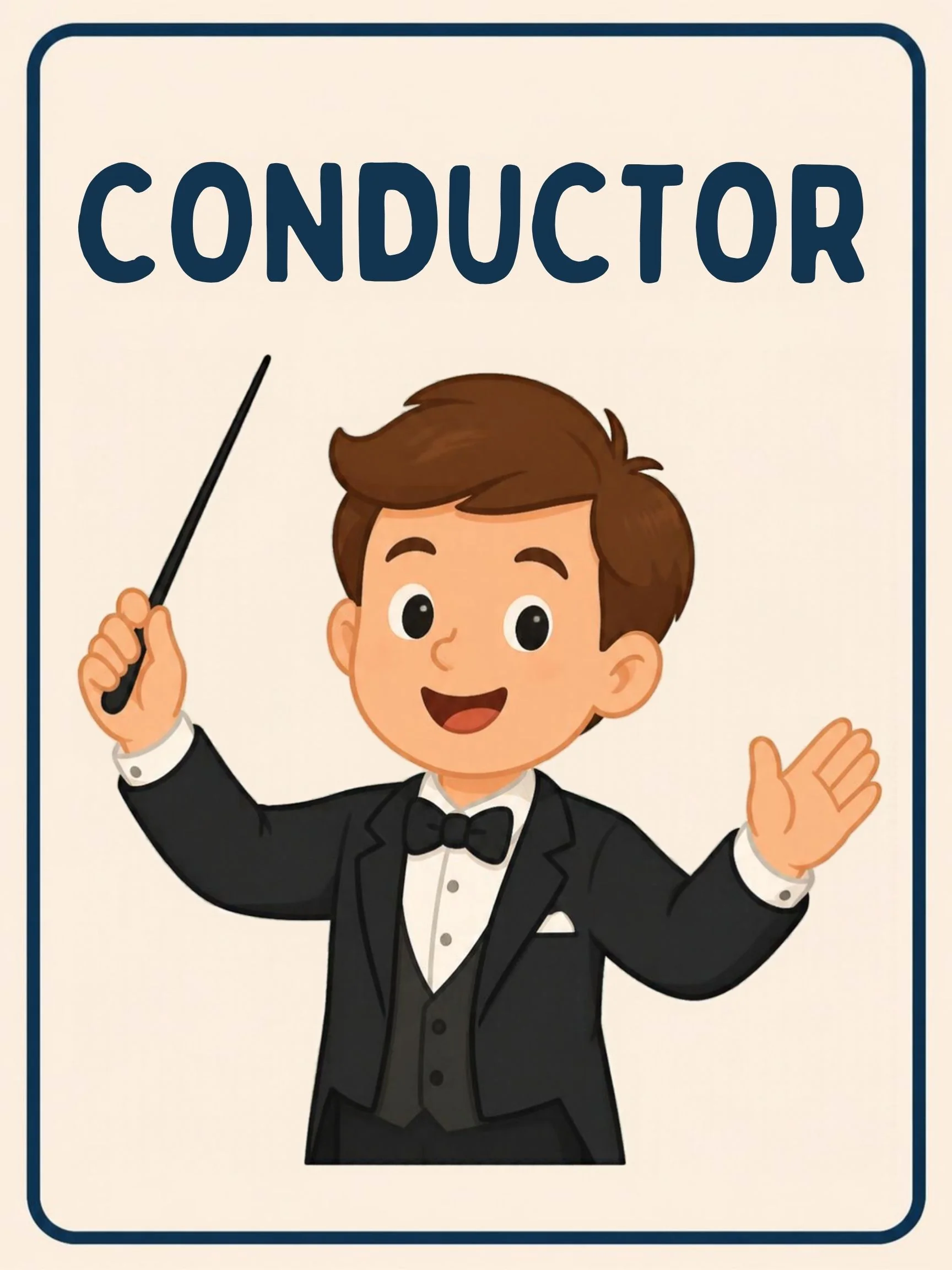 A Music Room flashcard with the word "Conductor" and a boy in a black tuxedo raising a baton.