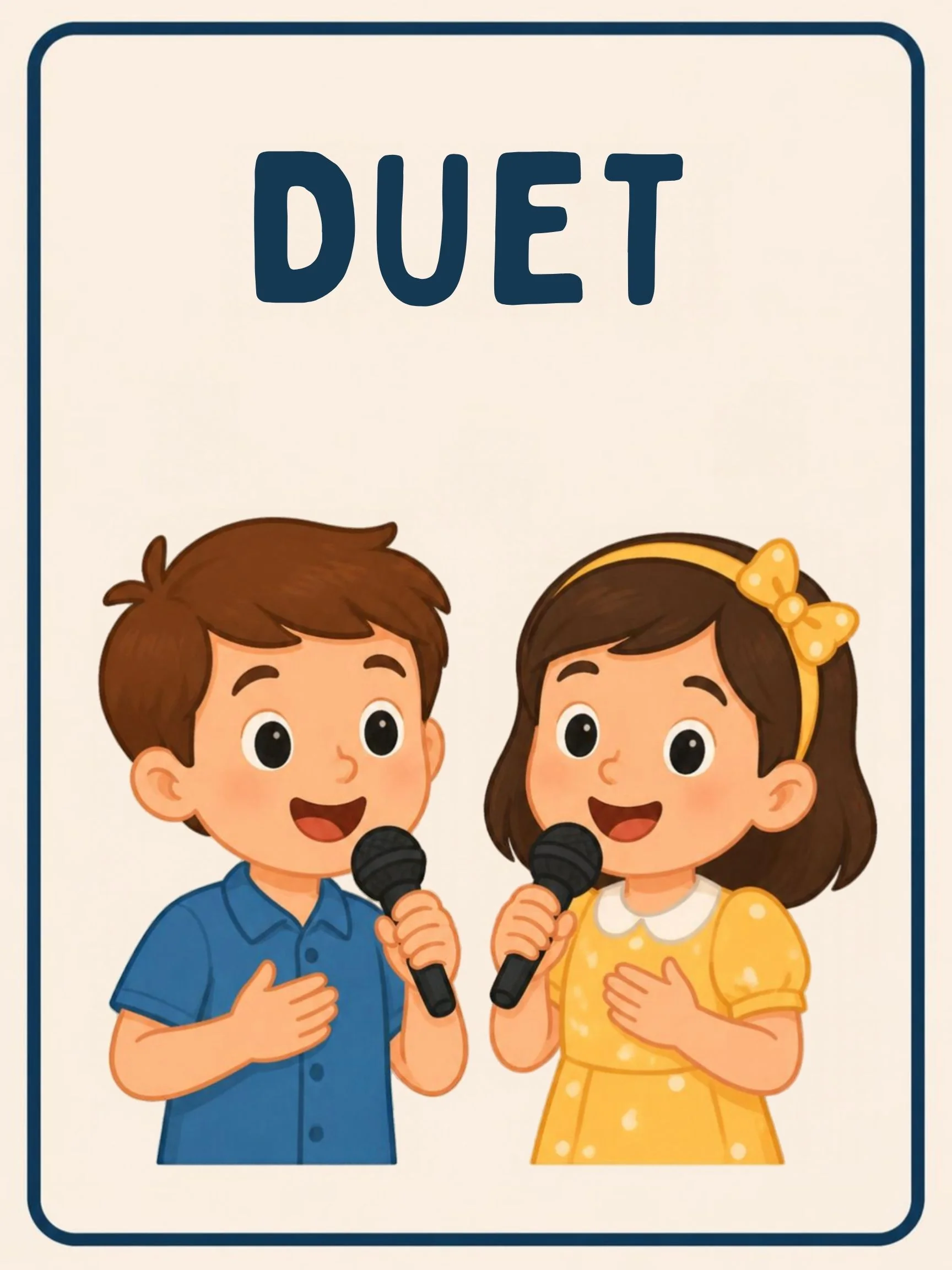 A Music Room flashcard with the word "Duet" and two children making music together.