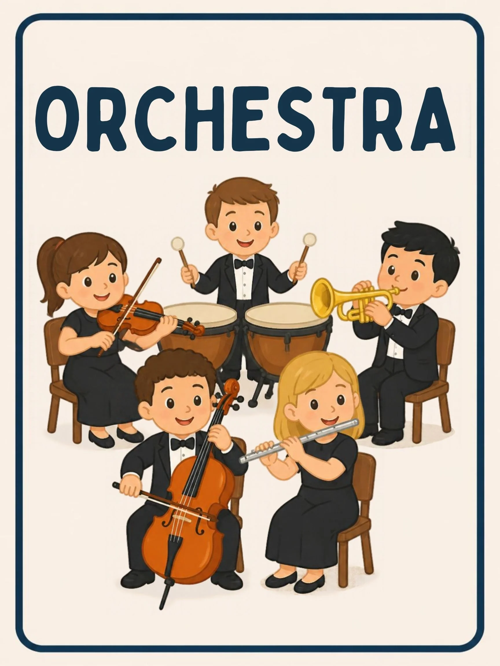 A Music Room flashcard with the word "Orchestra" and five children in concert dress playing violin, timpani, trumpet, cello and flute.