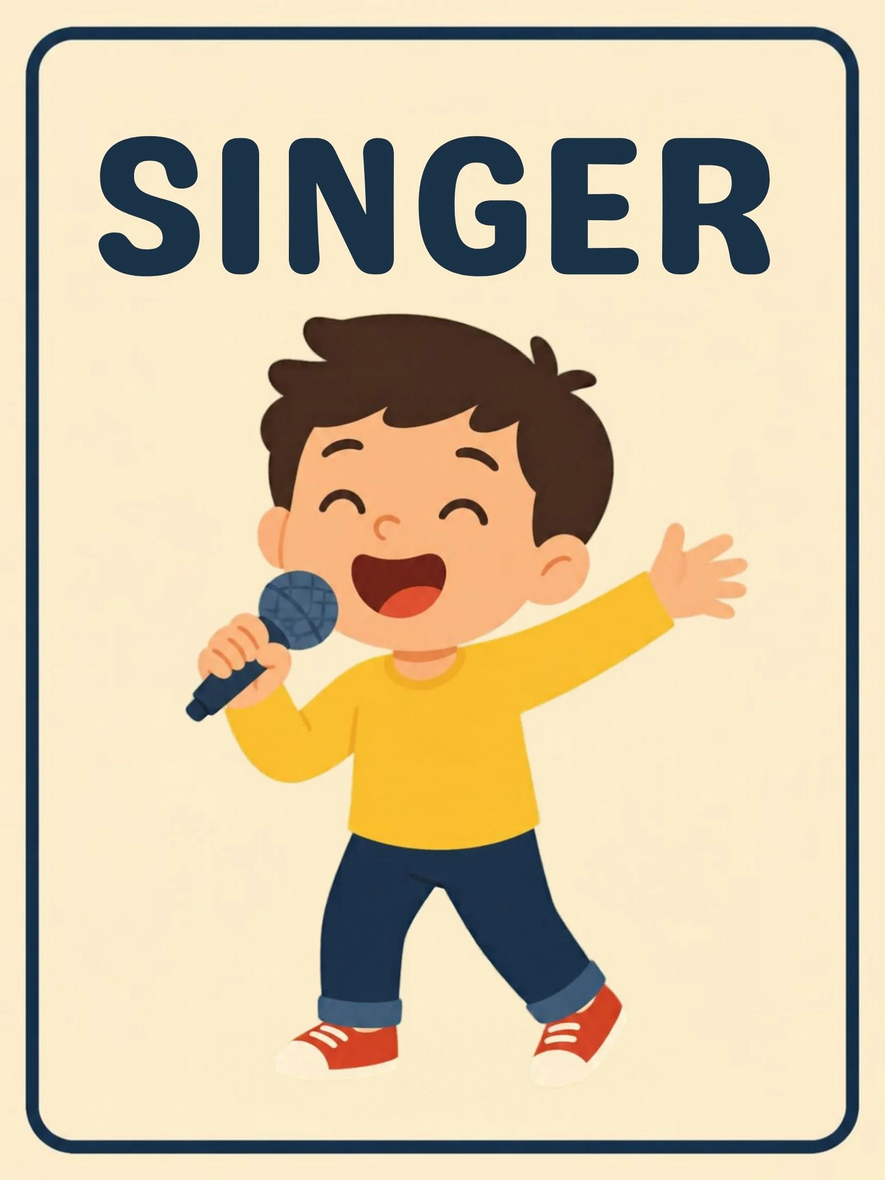 A Music Room flashcard with the word "Singer" and a child singing.