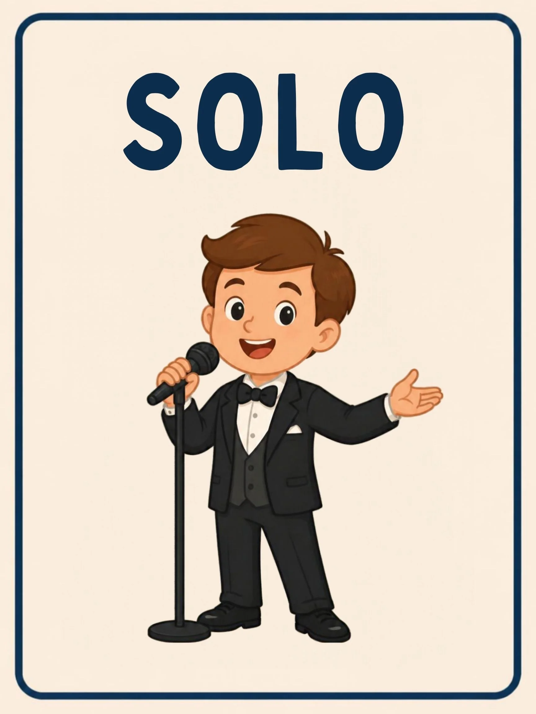 A Music Room flashcard with the word "Solo" and one child making music on their own.