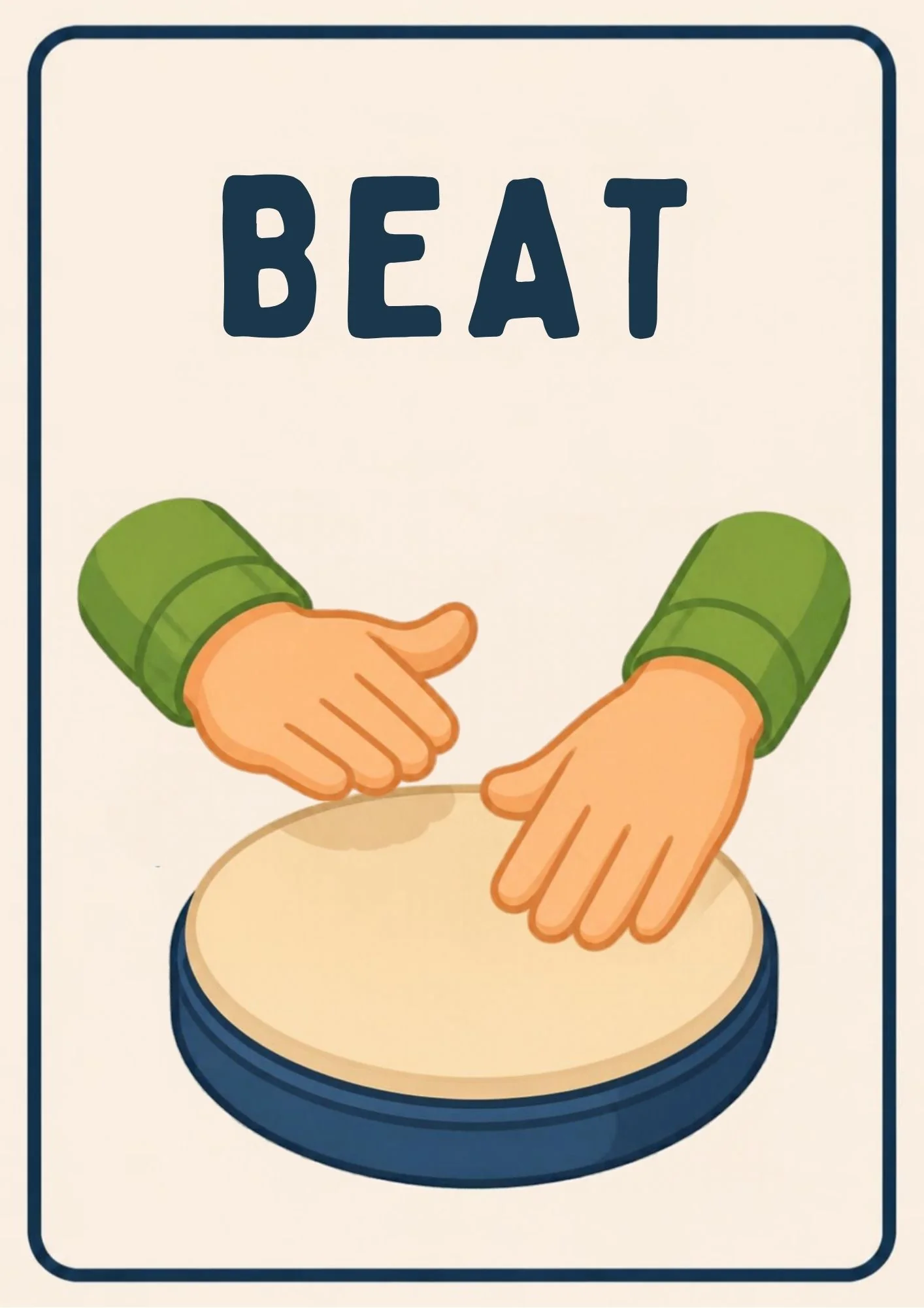 A Music Room flashcard with the word "Beat" and two hands tapping a steady rhythm on a hand drum.