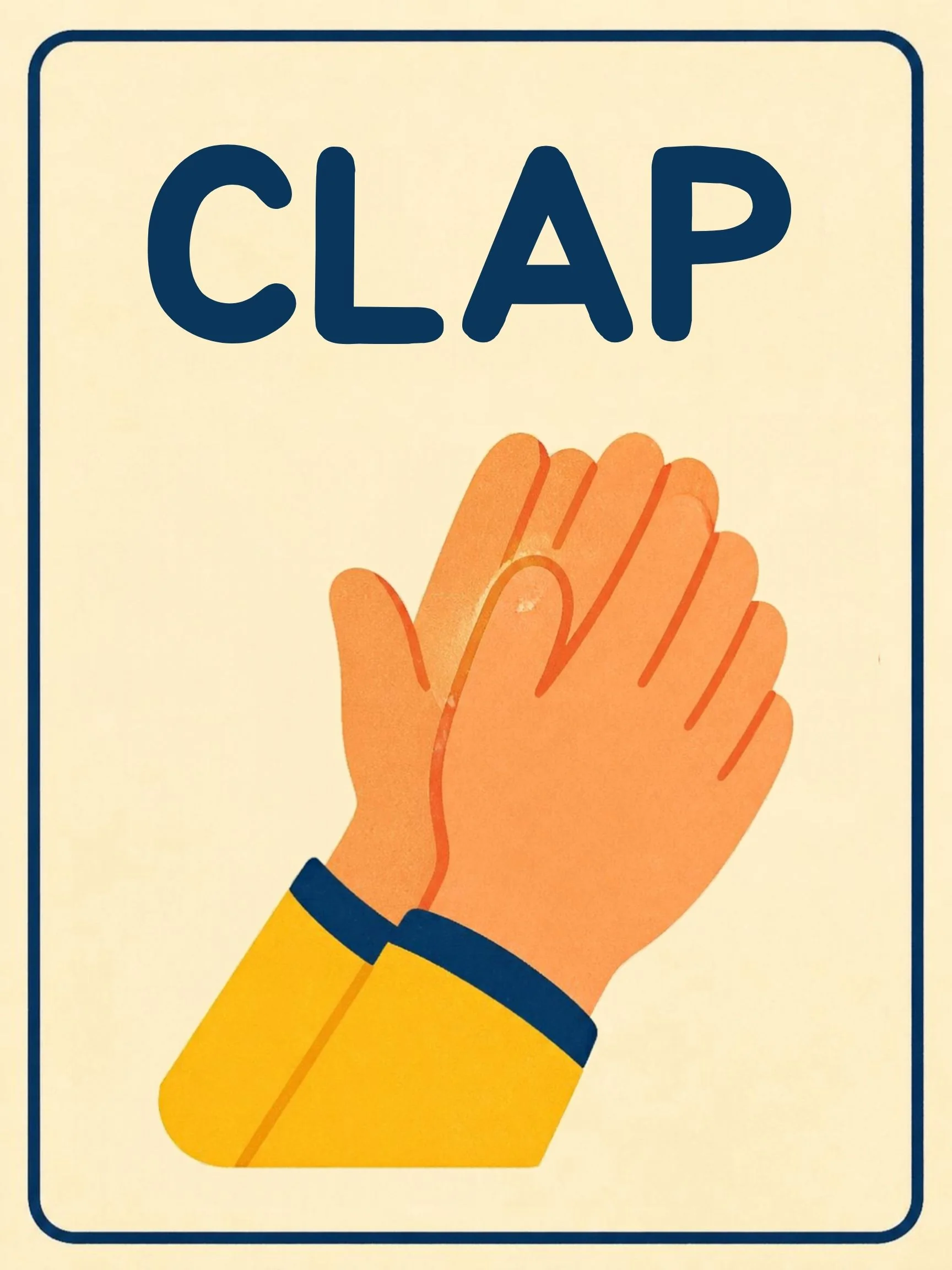 A Music Room flashcard with the word "Clap" and a picture that shows the word in action.