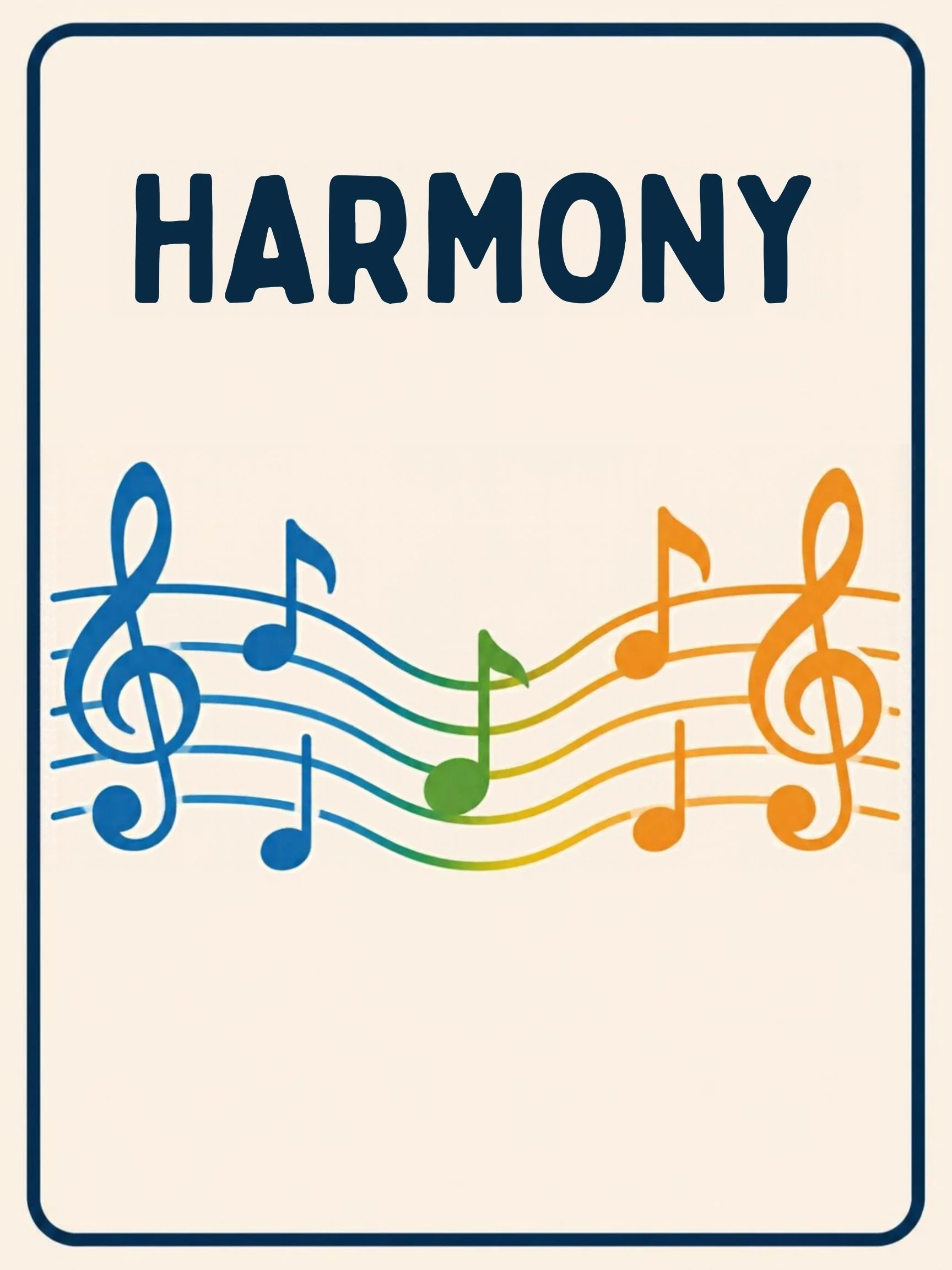 A Music Room flashcard with the word "Harmony" and a picture that shows the word in action.