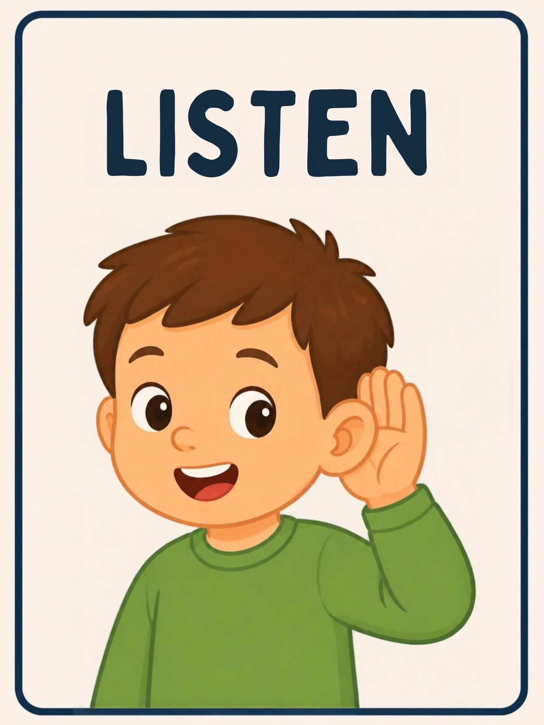 A Music Room flashcard with the word "Listen" and a picture that shows the word in action.