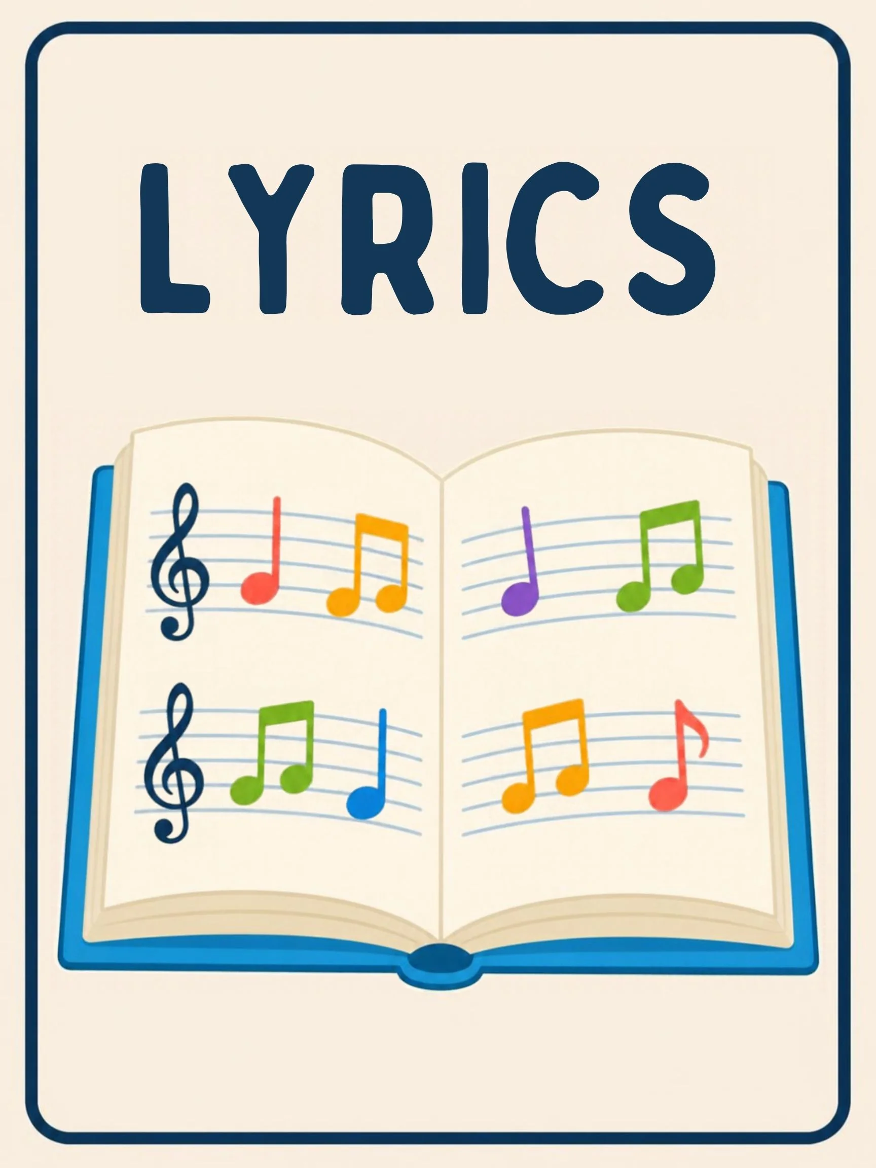 A Music Room flashcard with the word "Lyrics" and a picture that shows the word in action.