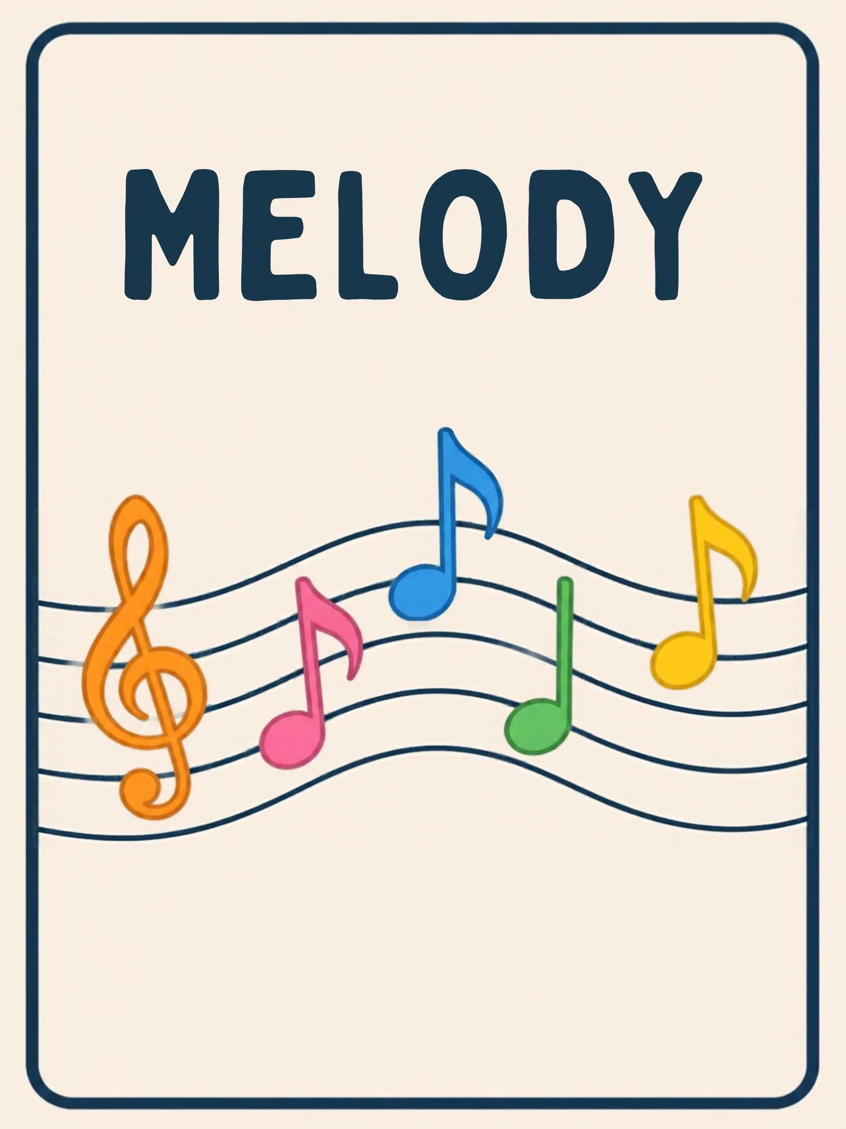 A Music Room flashcard with the word "Melody" and a picture that shows the word in action.