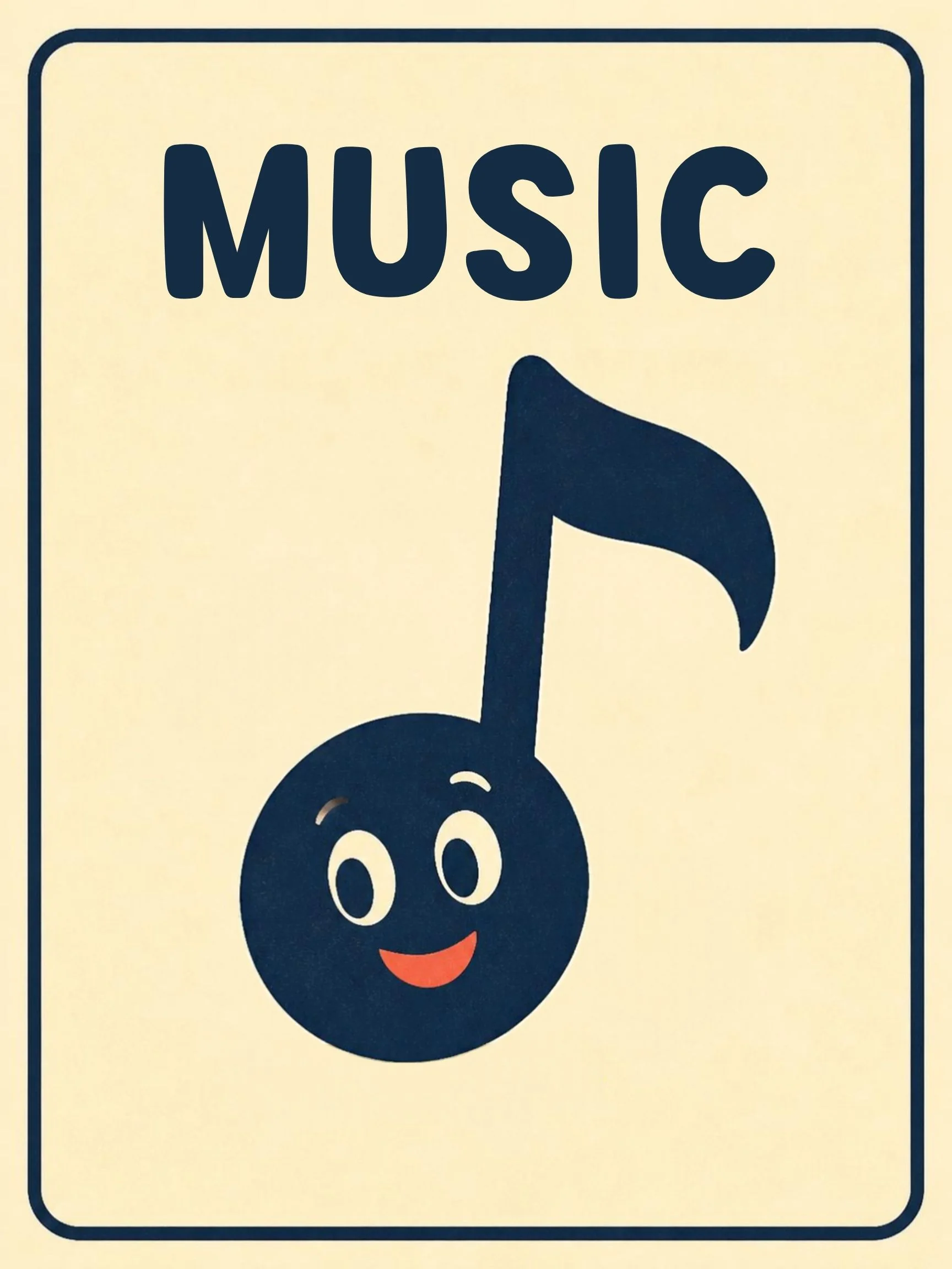 A Music Room flashcard with the word "Music" and a big smiling navy music note.