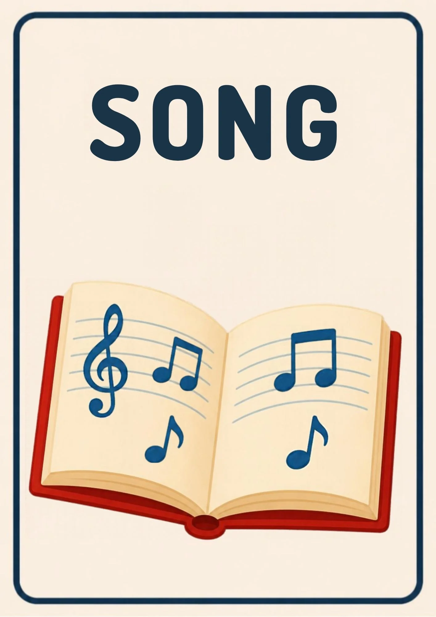 A Music Room flashcard with the word "Song" and a picture that shows the word in action.