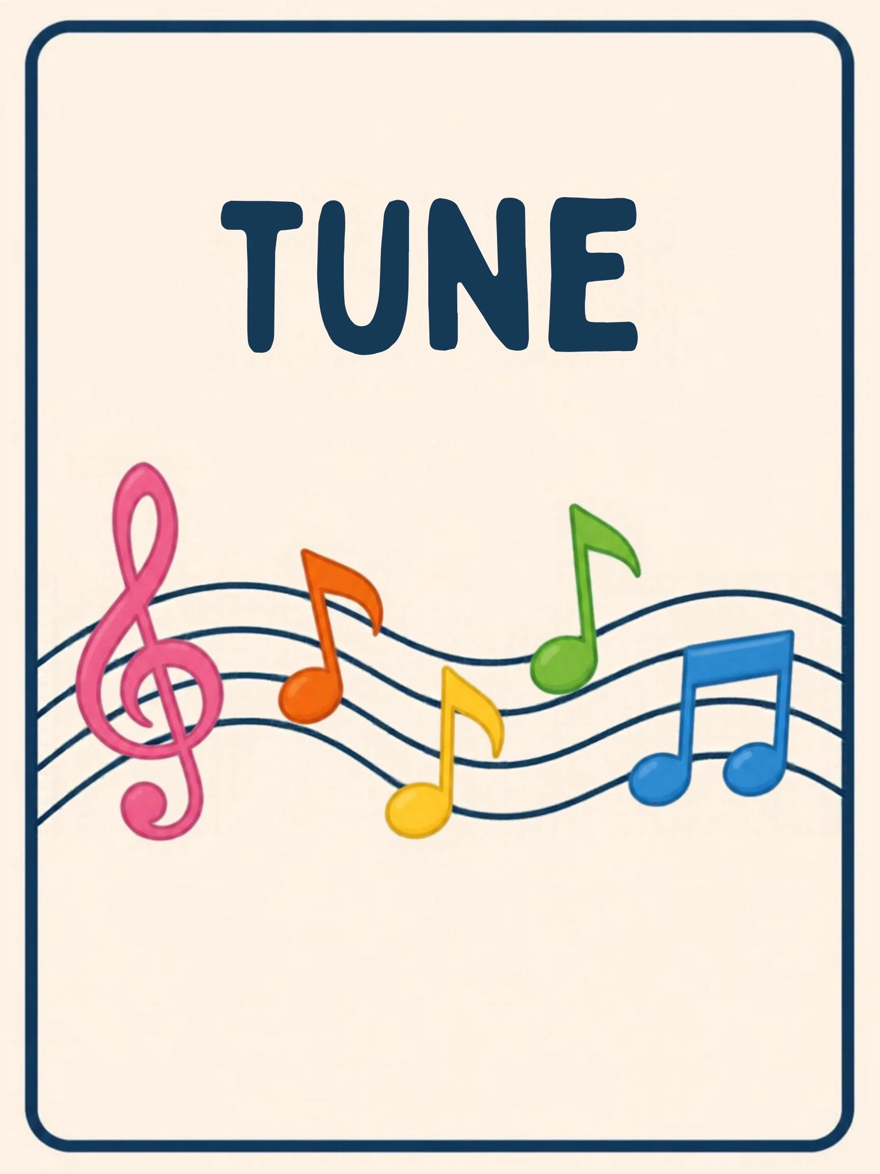 A Music Room flashcard with the word "Tune" and a picture that shows the word in action.